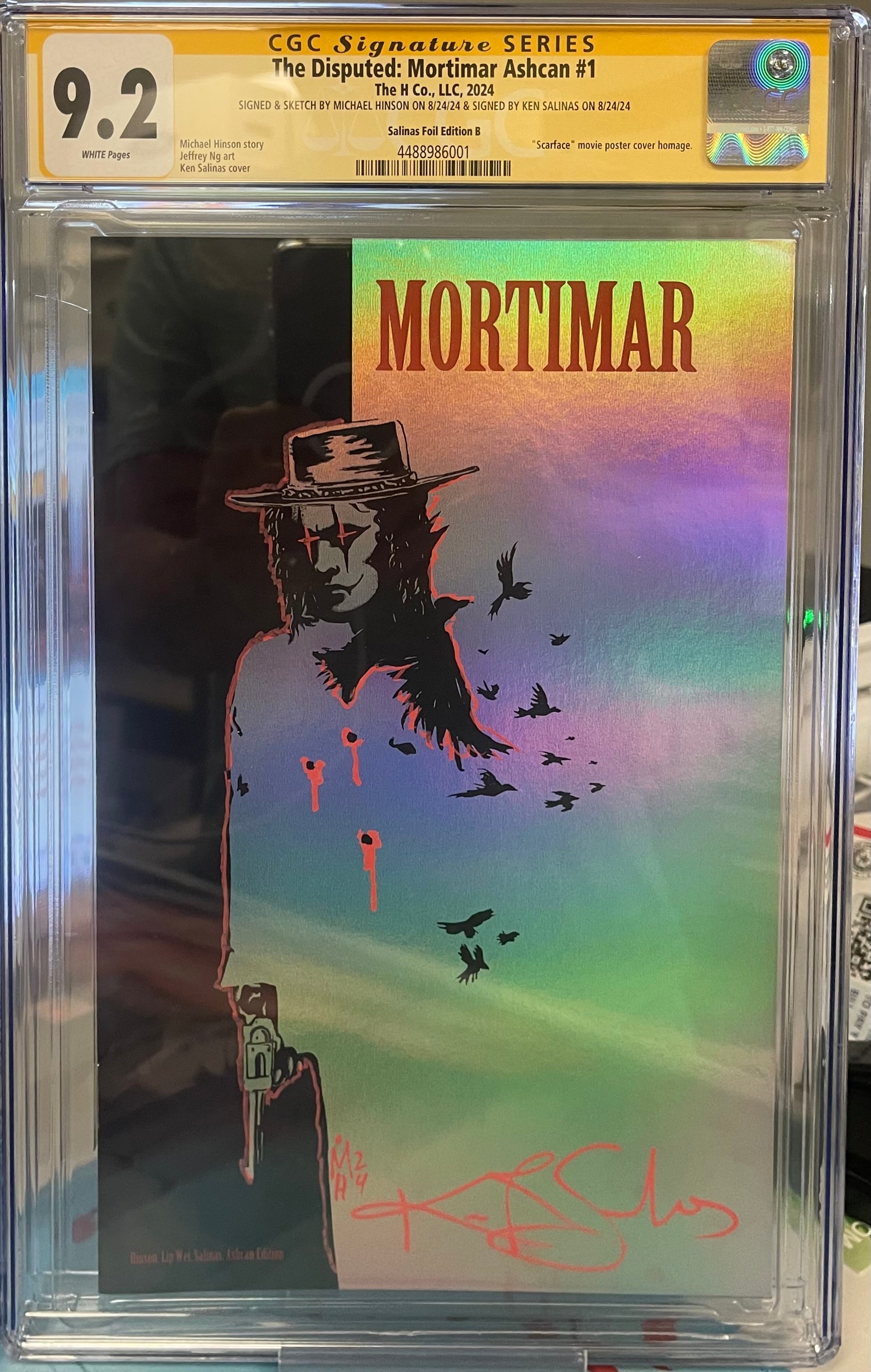 THE DISPUTED: MORTIMAR ASHCAN #1 KEN SALINAS VIRGIN FOIL EDITION CGC 9.2 SIGNED BY MICHAEL HINSON & REMARQUED BY KEN SALINAS (C57)