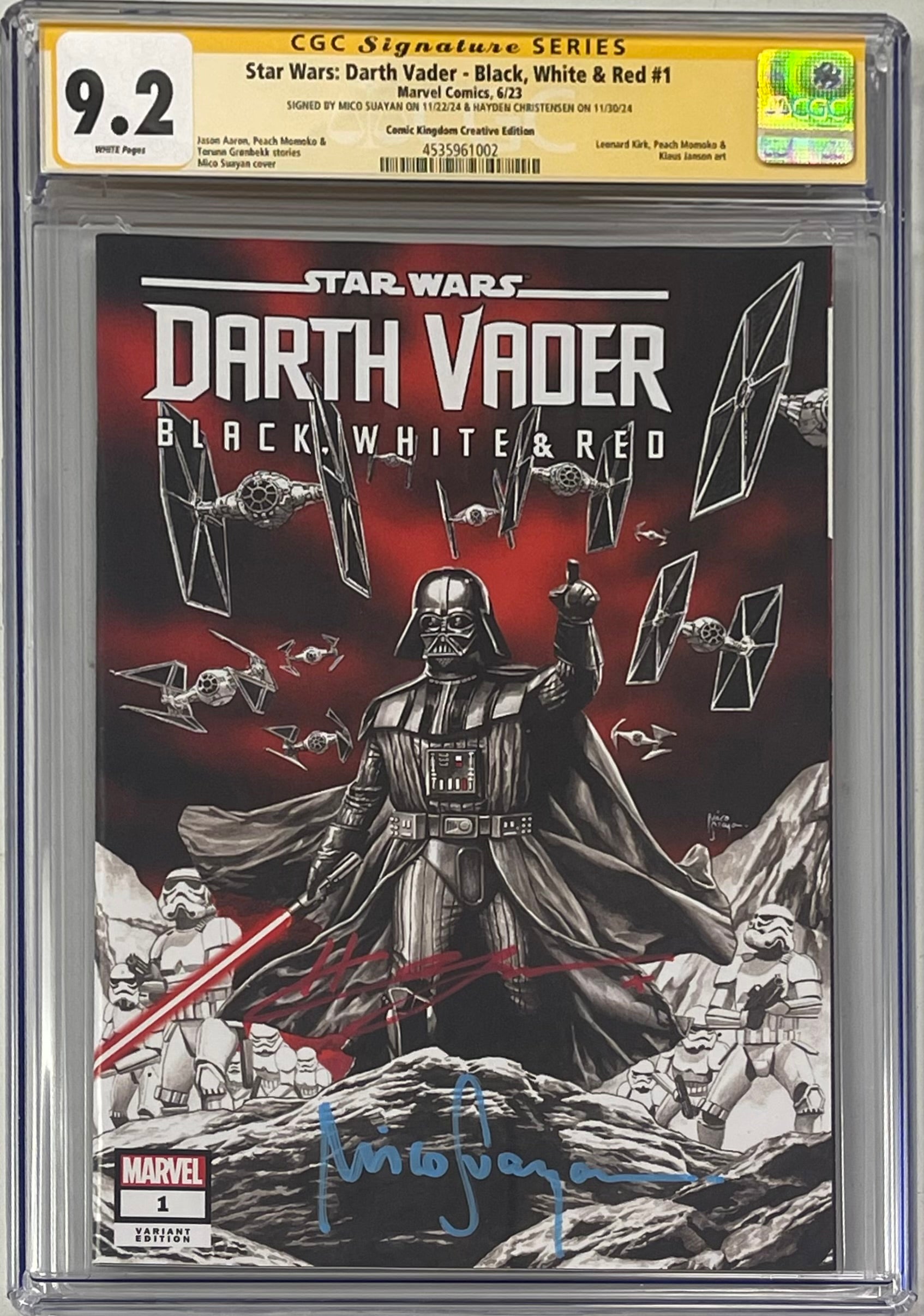 STAR WARS DARTH VADER BLACK WHITE AND RED #1 MICO SUAYAN EXCLUSIVE COVER SIGNED BY HAYDEN CHRISTENSEN & MICO SUAYAN CGC 9.2 (IN STOCK) C61