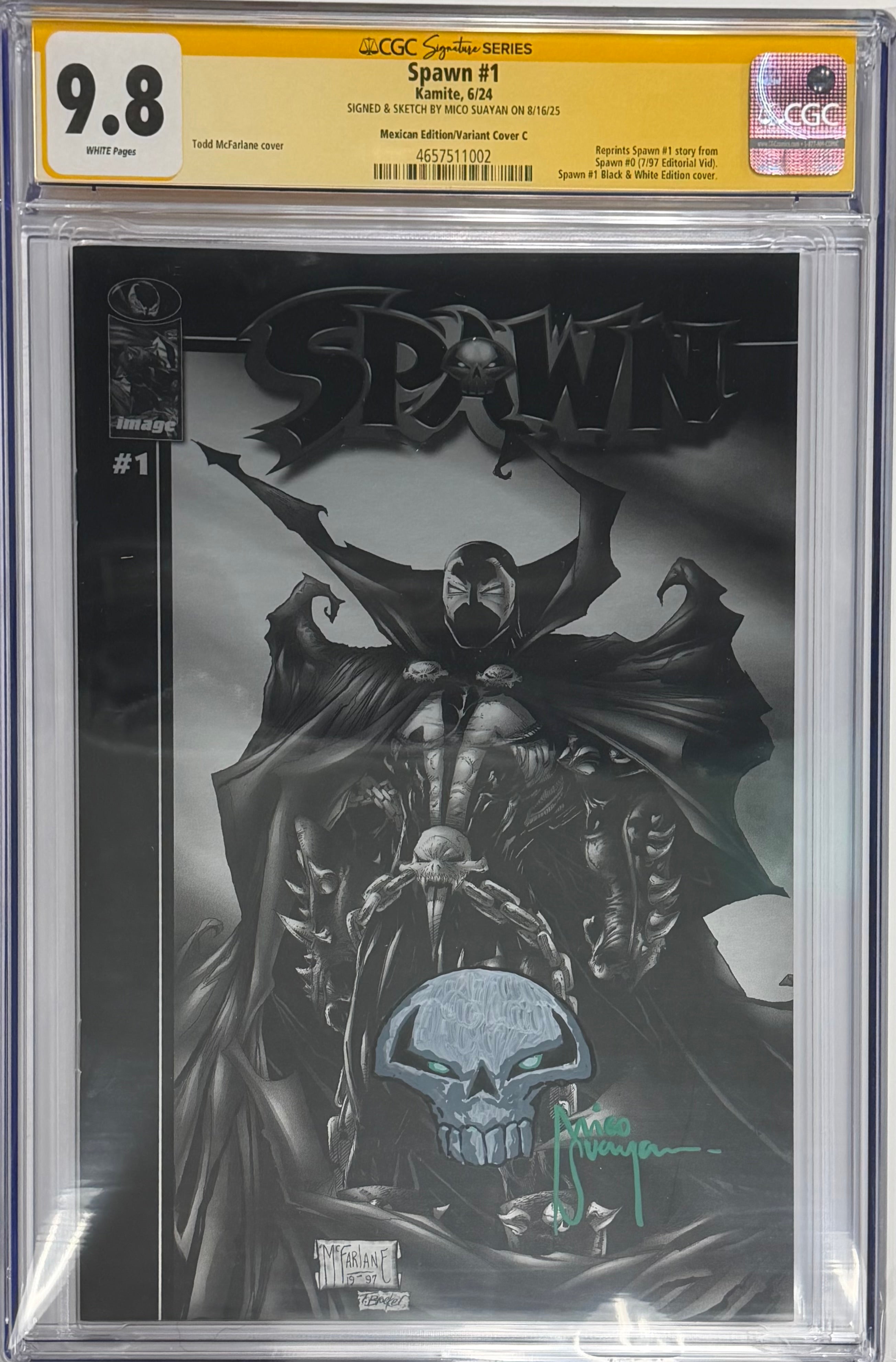 SPAWN #1 B/W FOIL EDITION SIGNED & REMARQUED BY MICO SUAYAN CGC 9.8 (IN STOCK) C59