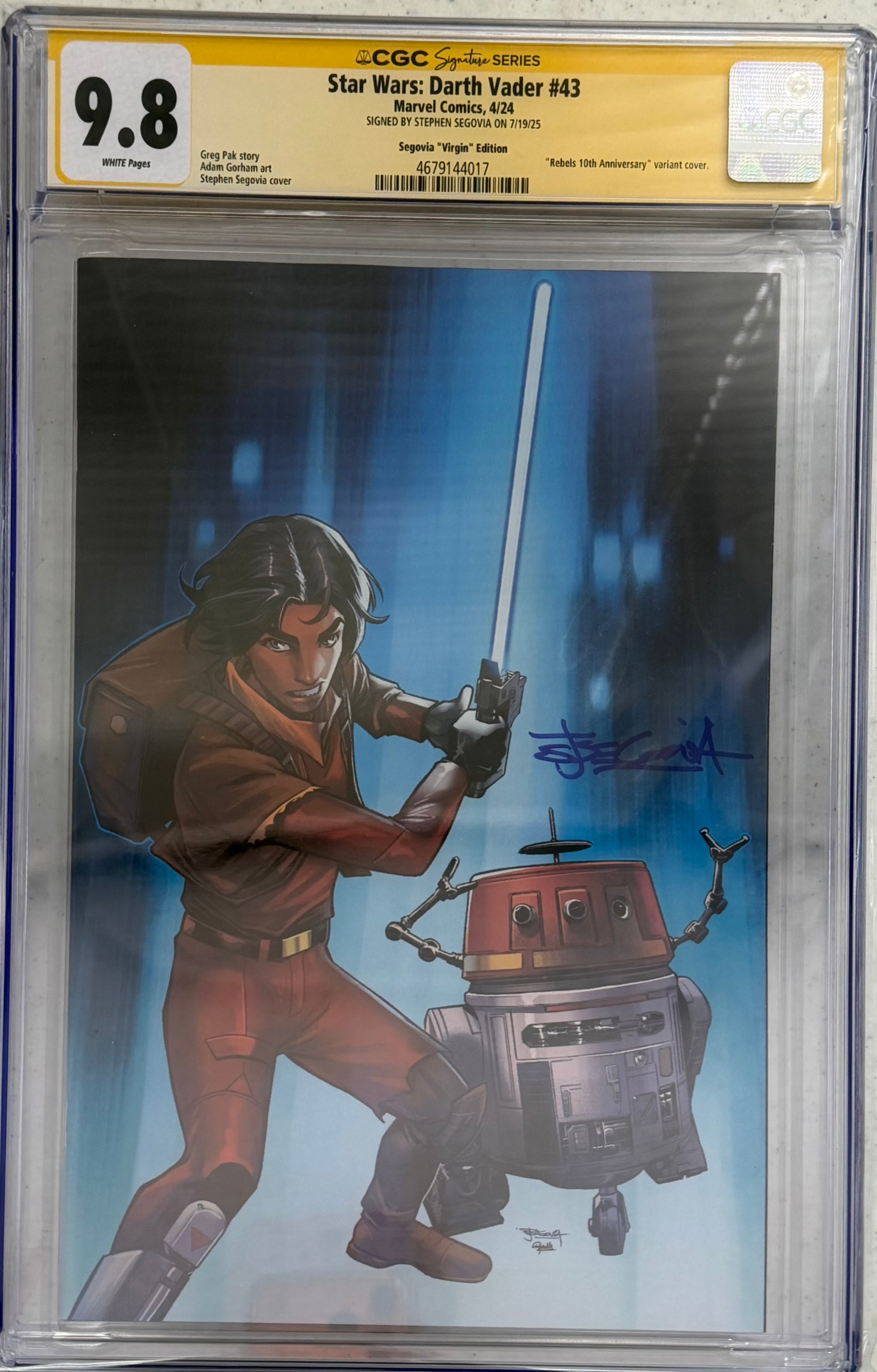 STAR WARS: DARTH VADER #43 REBELS 10TH ANNIVERSARY EXCLUSIVE VIRGIN VARIANT SIGNED BY STEPHEN SEGOVIA CGC 9.8 (C70)