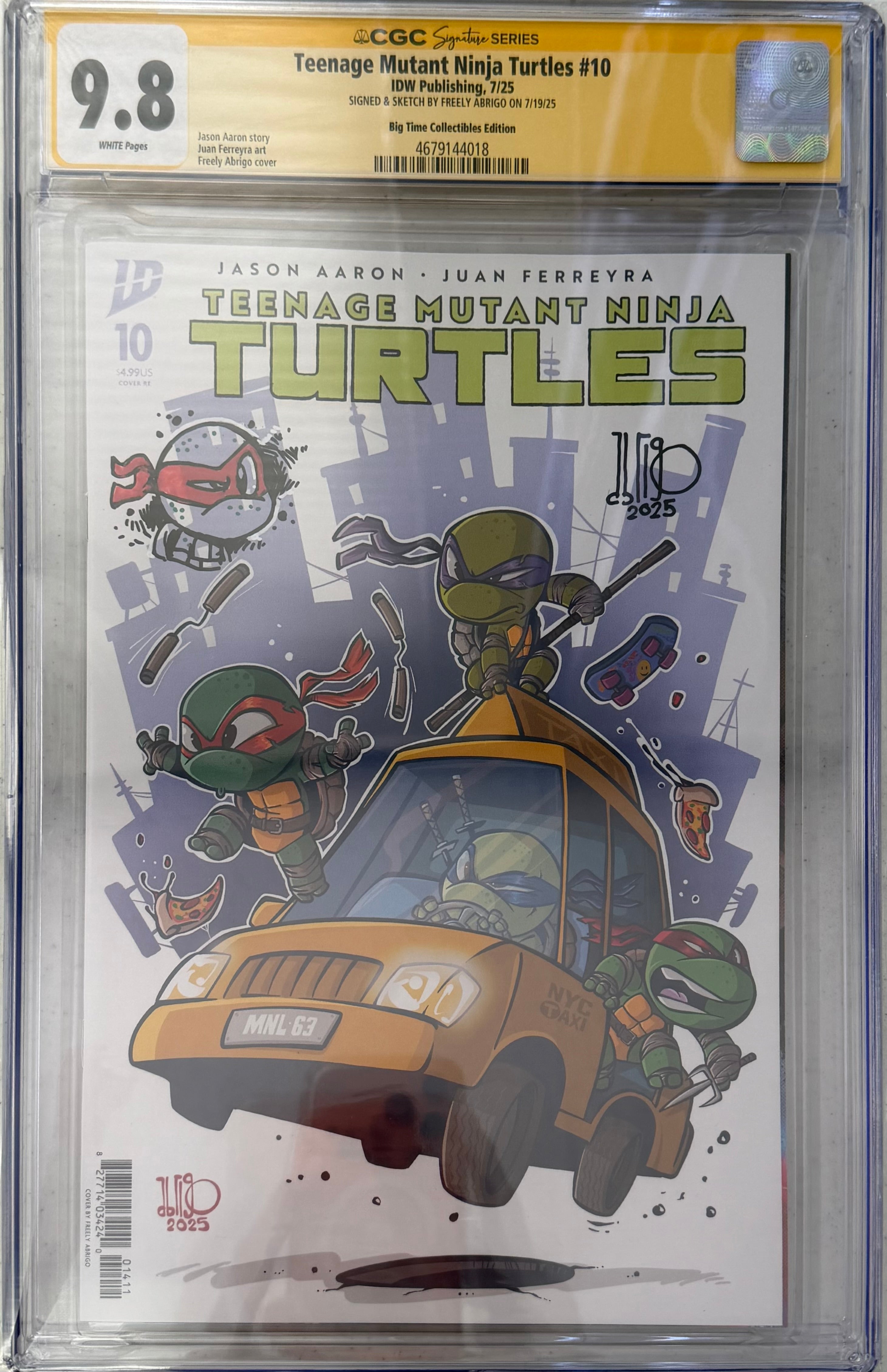 TMNT #10 EXCLUSIVE VARIANT SIGNED W/RAPHAEL COLORED SKETCH BY FREELY ABRIGO CGC 9.8 (C72)