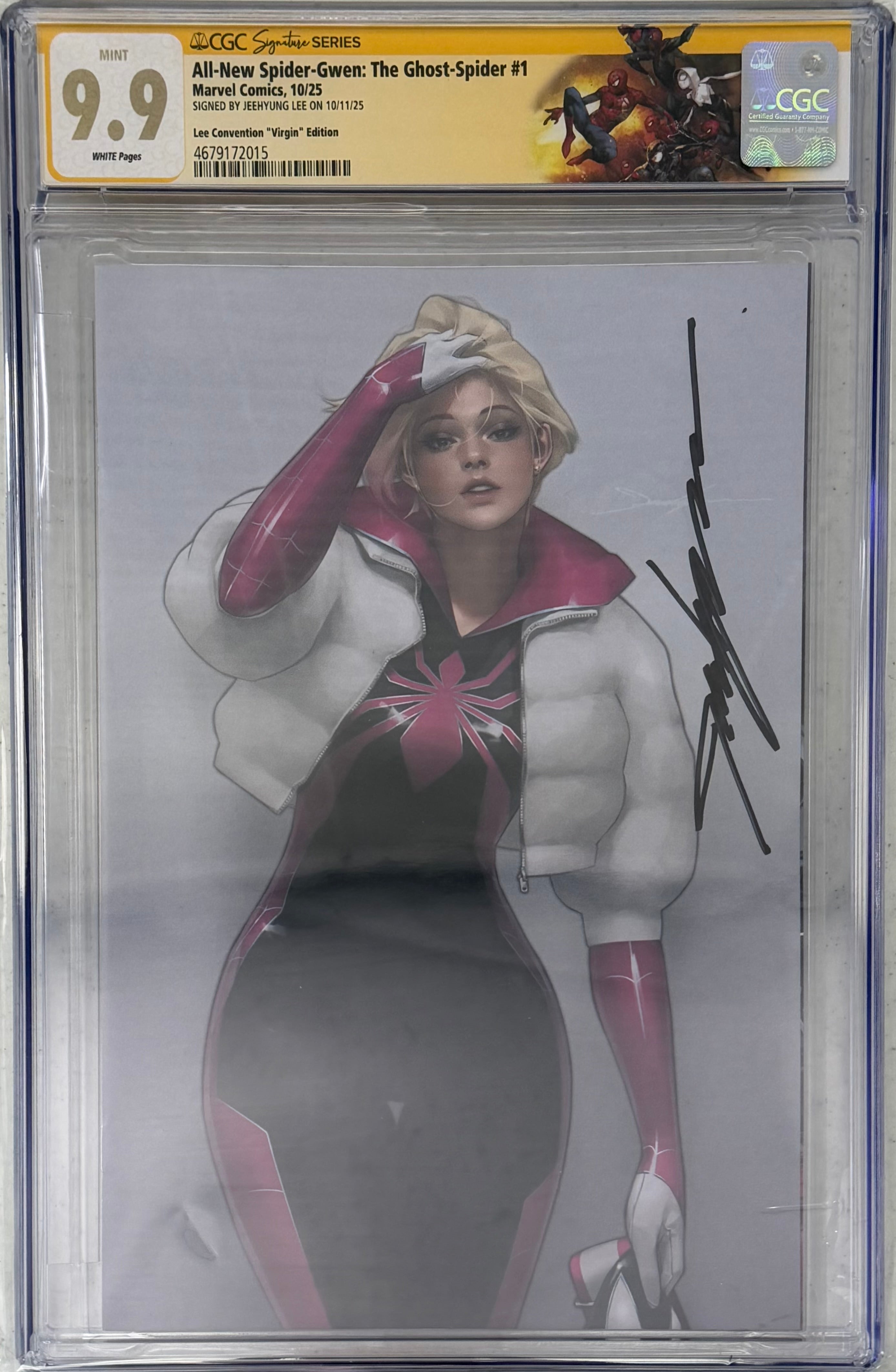 ALL-NEW SPIDER-GWEN: THE GHOST-SPIDER #1 EXCLUSIVE VIRGIN EDITION SIGNED BY JEEHYUNG LEE W/SPIDERVERSE CUSTOM LABEL CGC 9.9 MINT (C69)