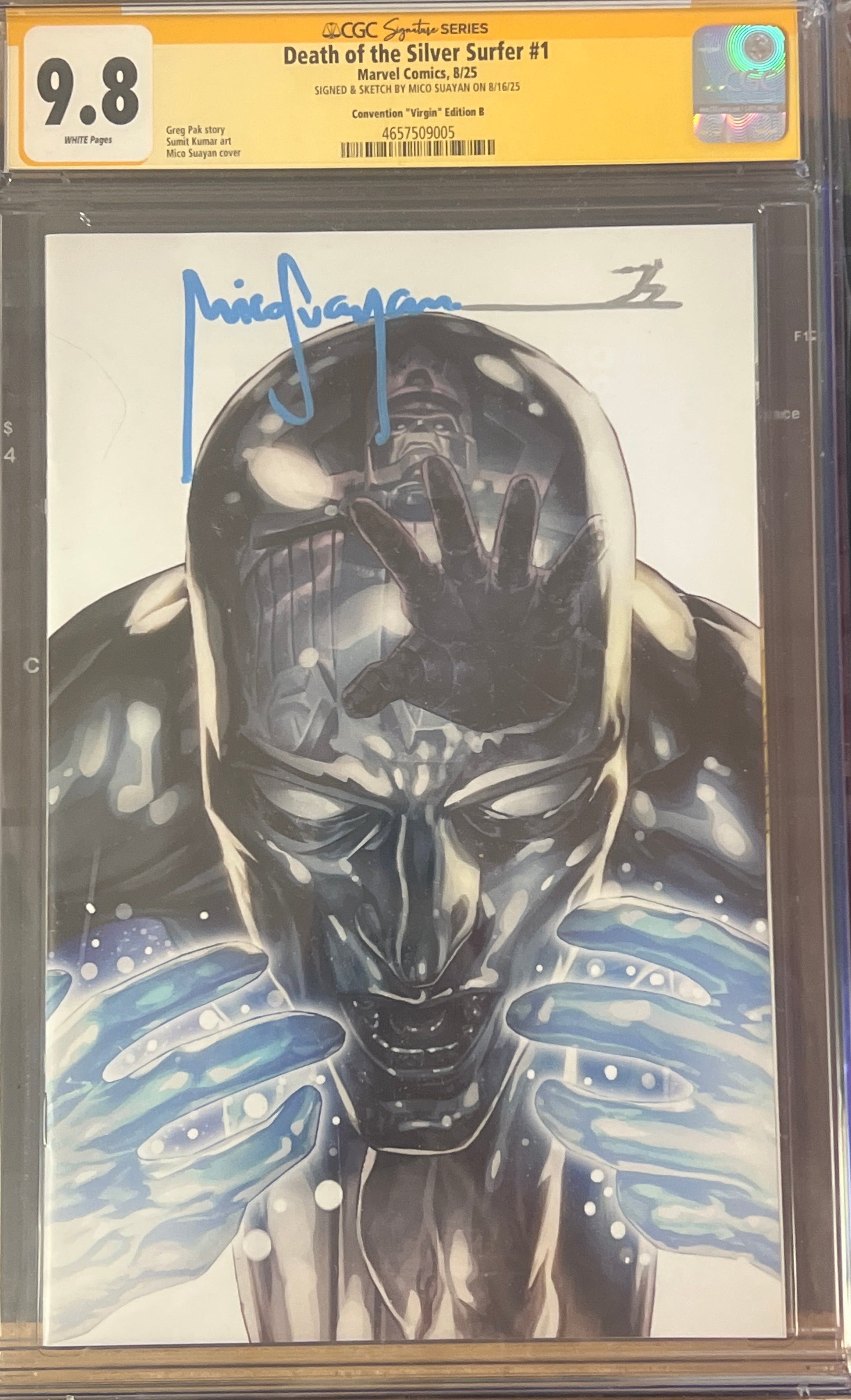 DEATH OF THE SILVER SURFER #1 MICO SUAYAN WHITEOUT CONVENTION EXLUSIVE CGC 9.8 SIGNED AND SKETCHED WITH SILVER SURFER REMARK BY MICO SUAYAN (C104)