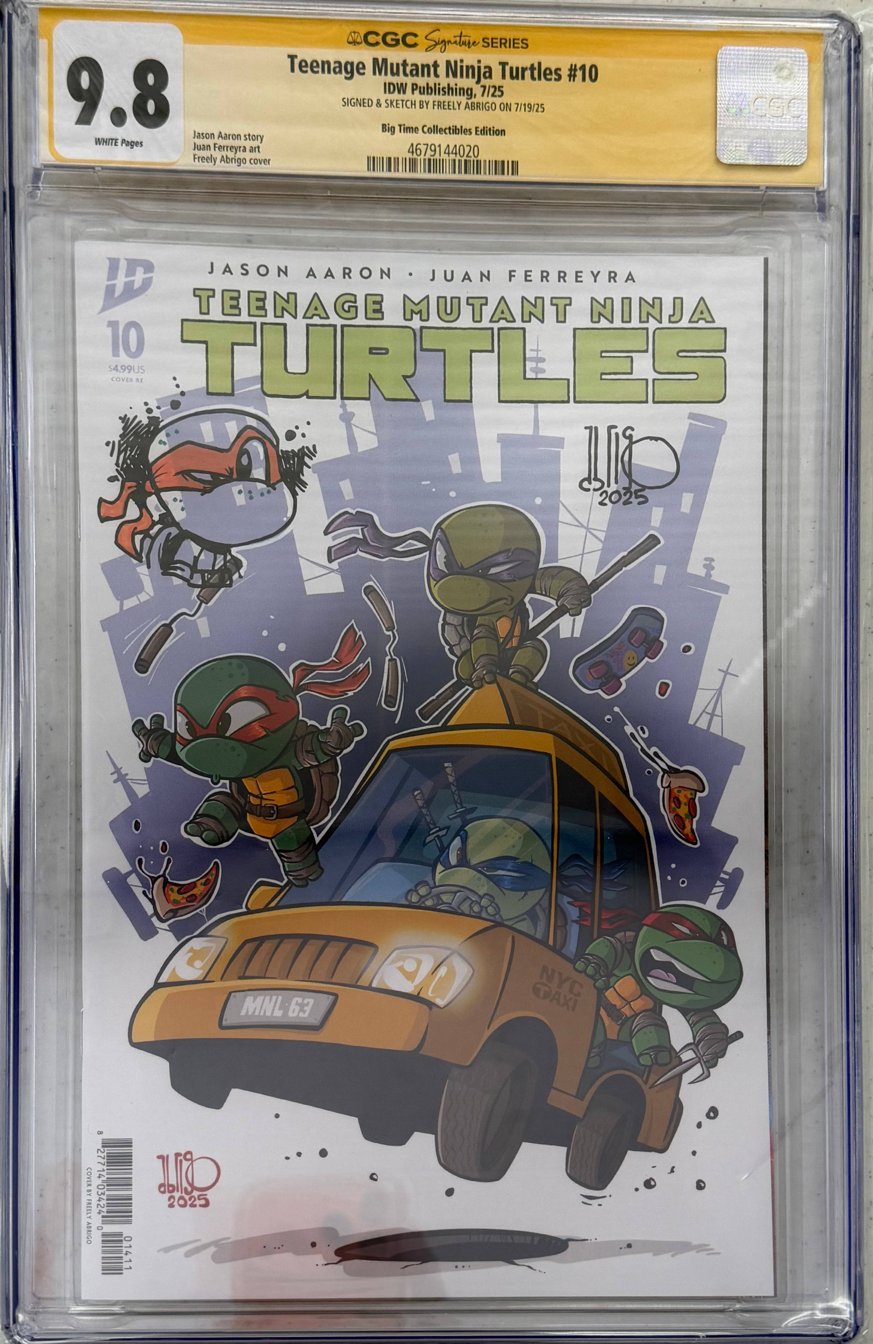 TMNT #10 EXCLUSIVE VARIANT SIGNED W/MICHAELANGELO COLORED SKETCH BY FREELY ABRIGO CGC 9.8 (C71)