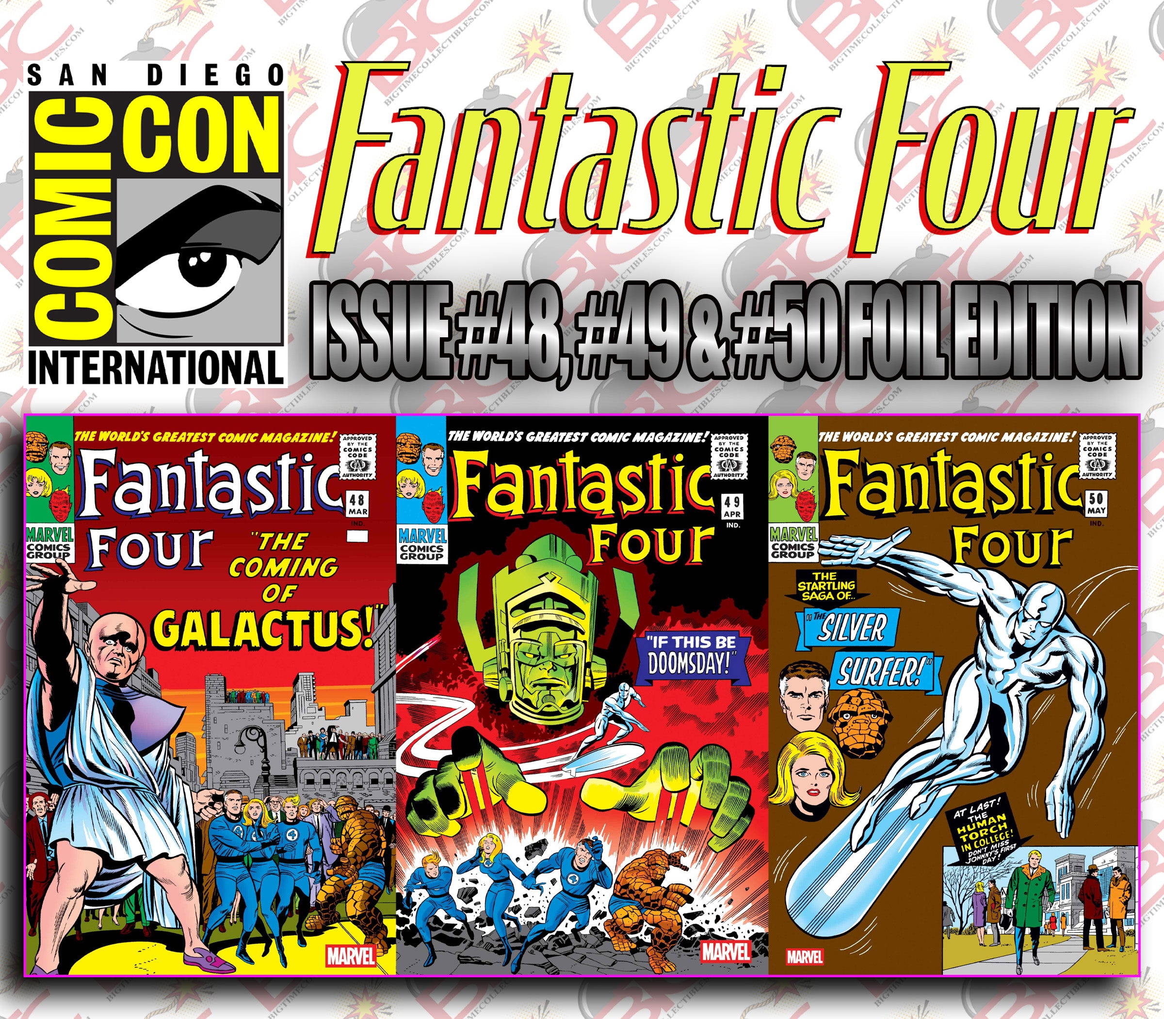 FANTASTIC FOUR #48 #49 #50 SDCC FOIL EDITION SET. FIRST APPEARANCE OF SILVER SURFER & GALACTUS IN FOIL EDITION