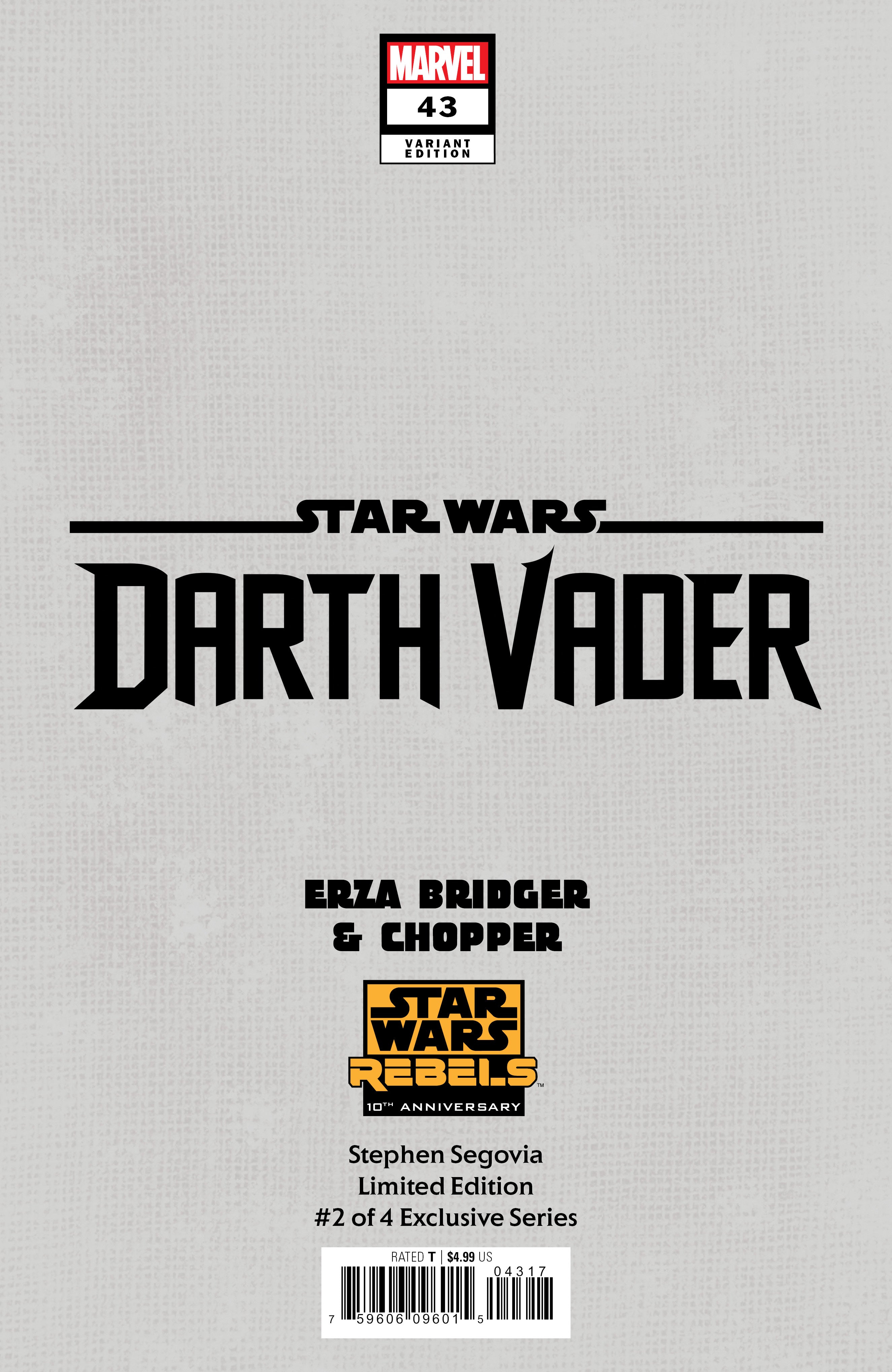 STAR WARS: DARTH VADER 43 STEPHEN SEGOVIA REBELS 10TH ANNIVERSARY LIMITED EDITION #2 OF 4 EXCLUSIVE SERIES OPTIONS - 02/14/24