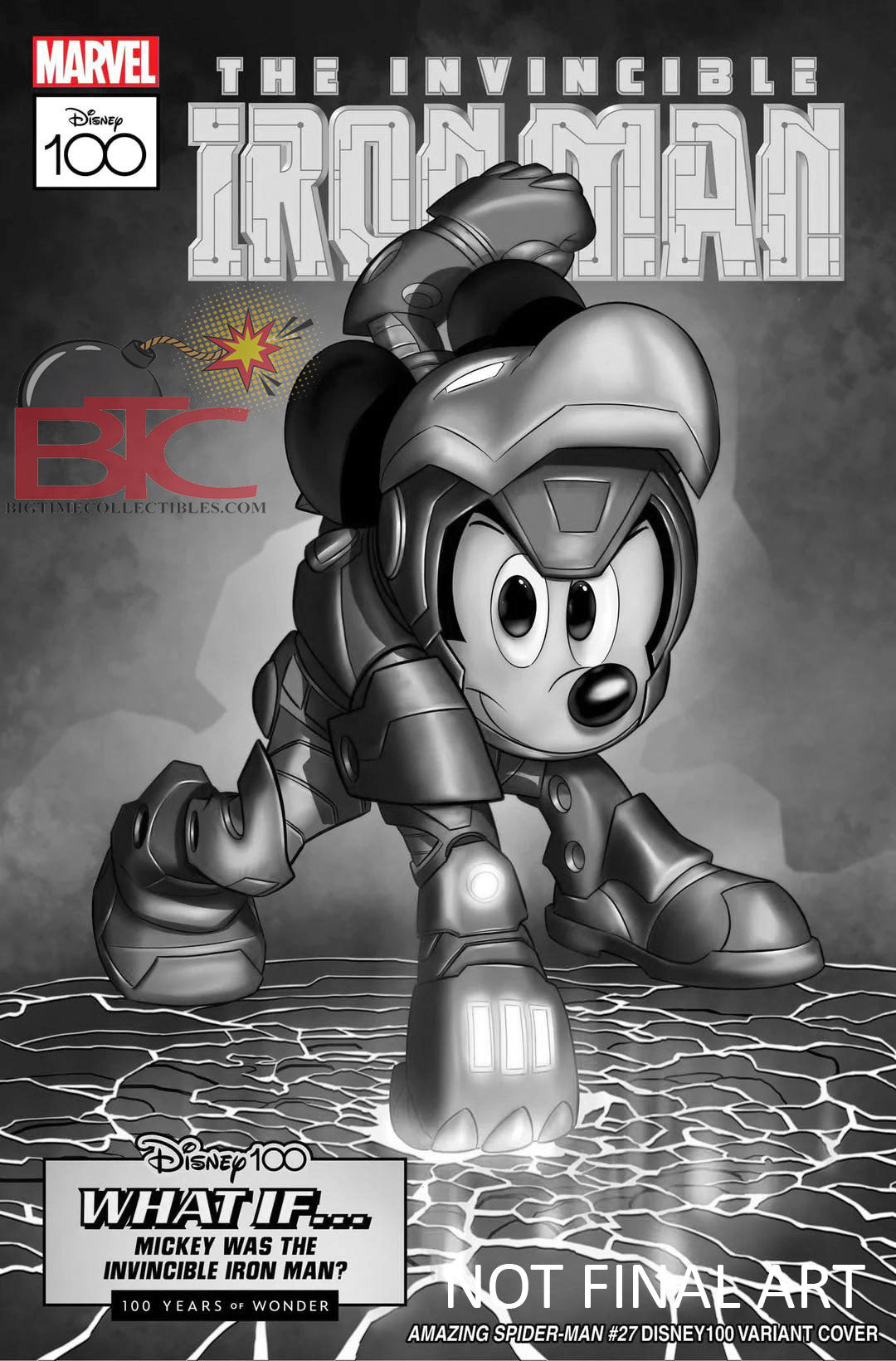 06/14/2023 AMAZING SPIDER-MAN #27 DISNEY100 INVINCIBLE IRON MAN B&W 1:100 COPY INCV VARIANT COVER