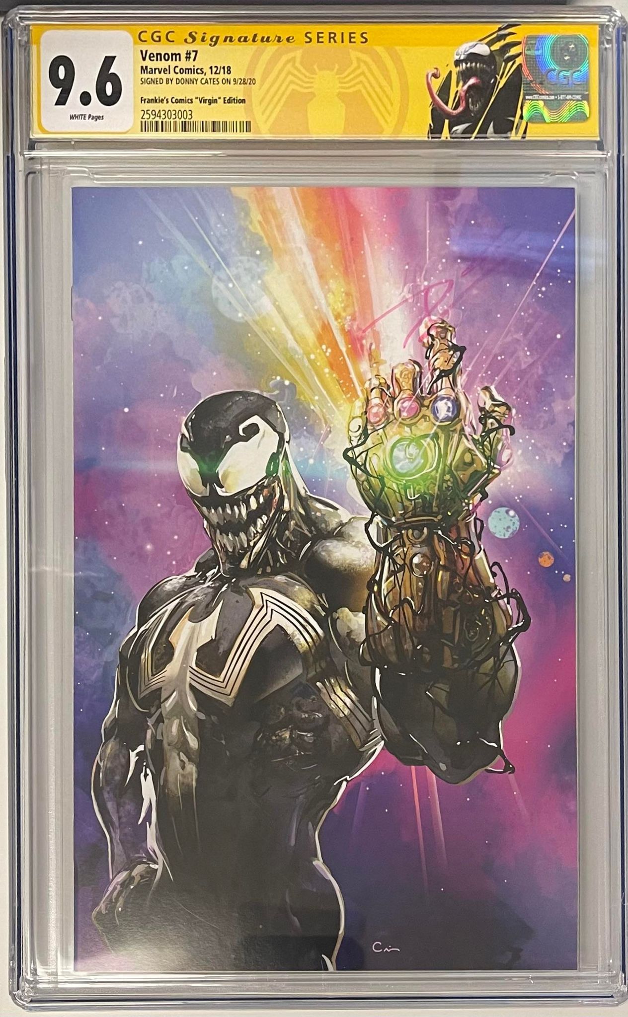 VENOM #7 CLAYTON CRAIN EXCLUSIVE VIRGIN VARIANT CGC 9.6 SIGNED BY DONNY CATES W/RETIRED VENOM CUSTOM LABEL