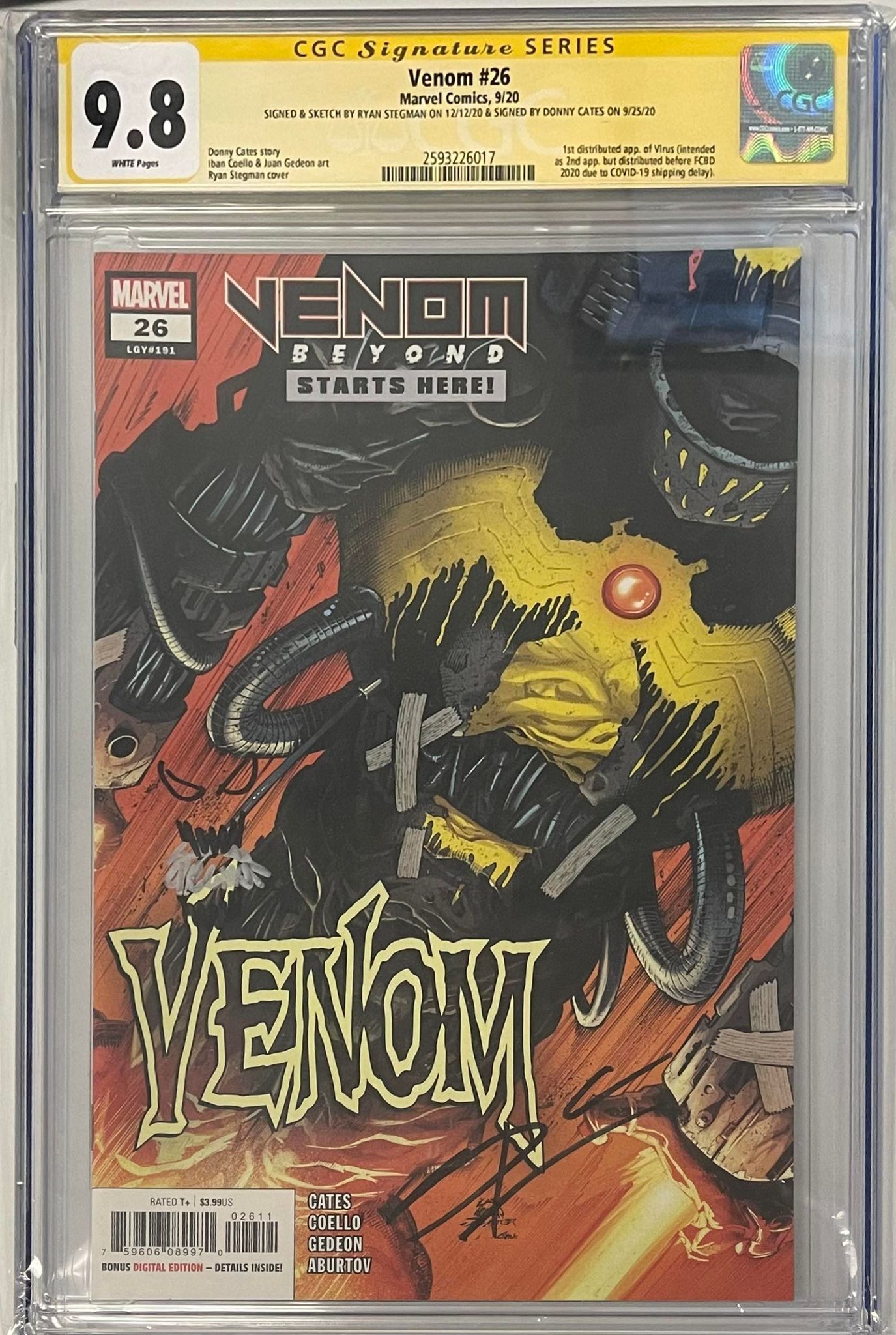 VENOM #26 SIGNED BY DONNY CATES, SIGNED & SKETCHED BY RYAN STEGMAN CGC 9.8 (C110)