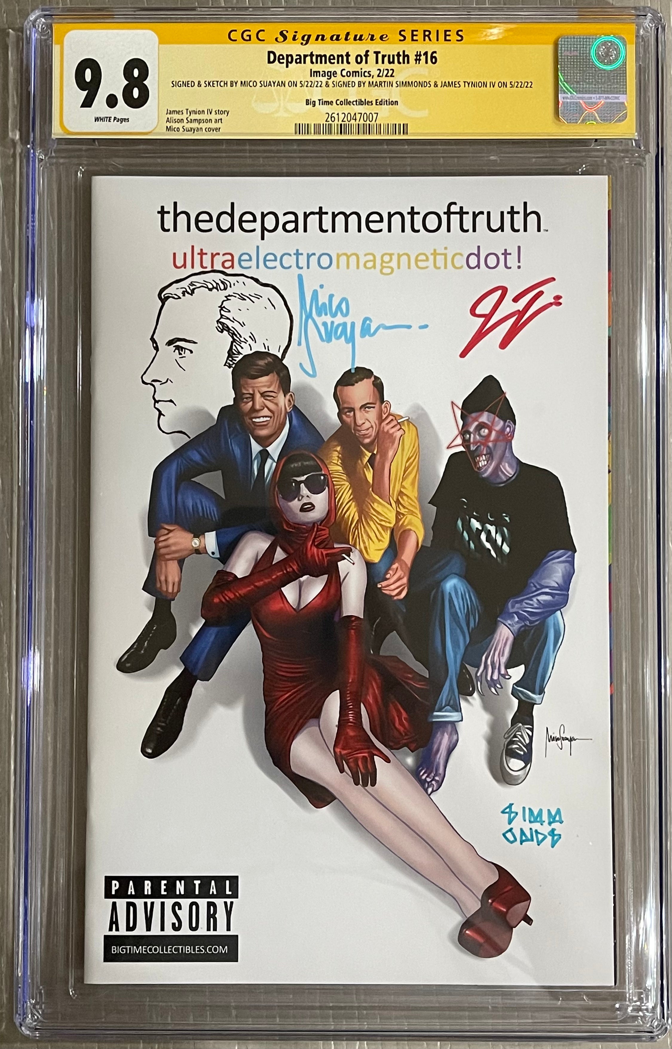DEPARTMENT OF TRUTH #16 EXCLUSIVE CGC 9.8 SIGNED & REMARKED (OSWALD) BY MICO SUAYAN, SIGNED BY MARTIN SIMMONDS & JAMES TYNION IV