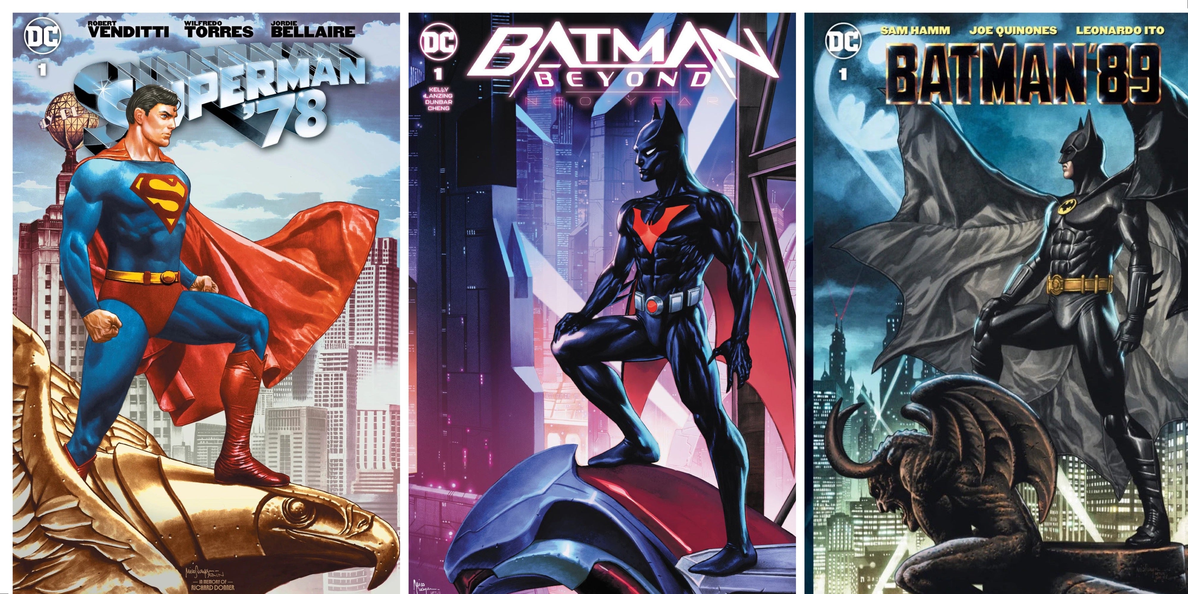 04/05/2022 BATMAN BEYOND NEO-YEAR #1 BATMAN'89 #1 SUPERMAN '78 #1 MICO SUAYAN HOMAGE 3-PACK TRADE DRESS