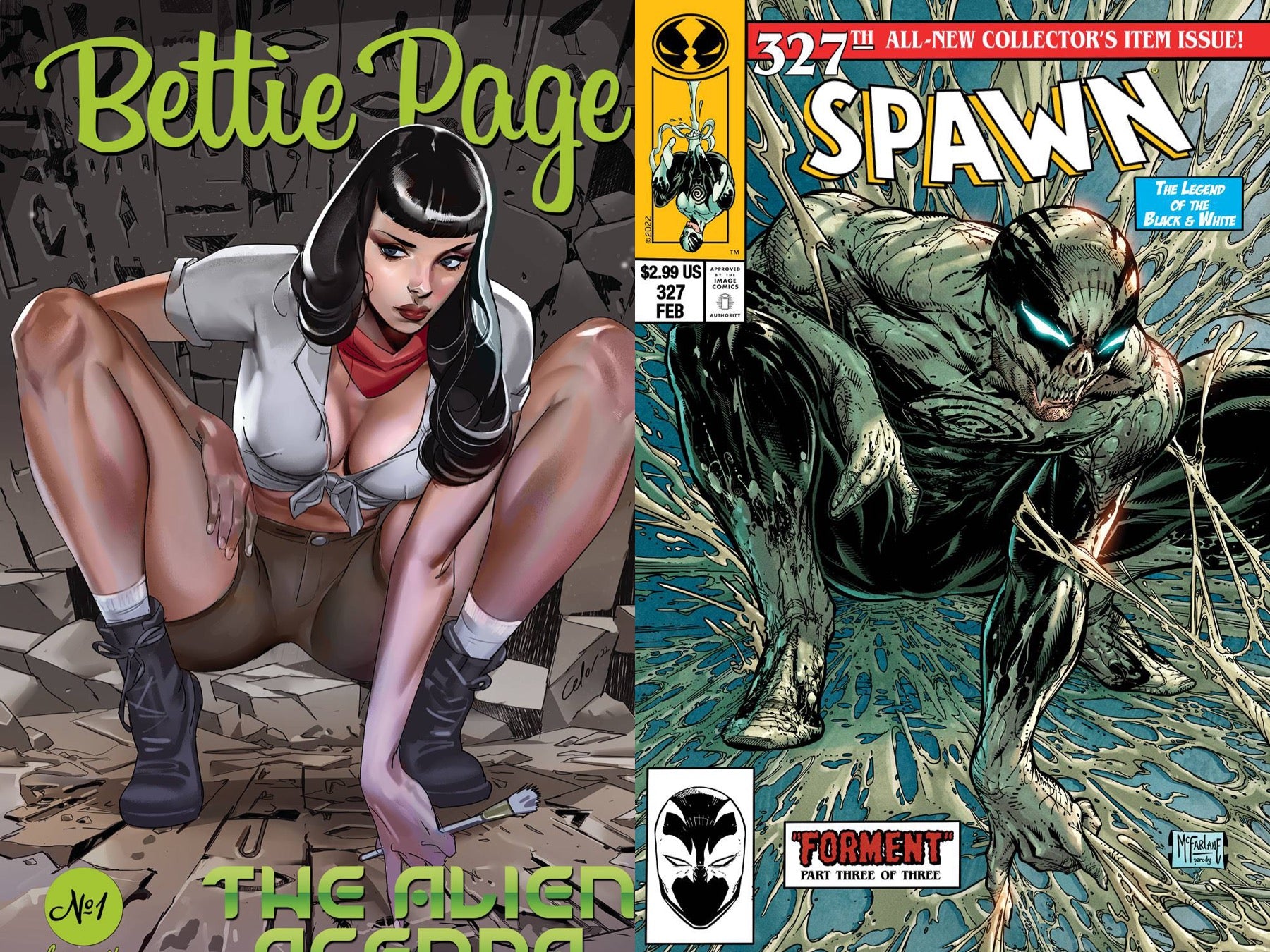 03/09/2022 BETTIE PAGE ALIEN AGENDA #1 & SPAWN #327 HOMAGE COMBO