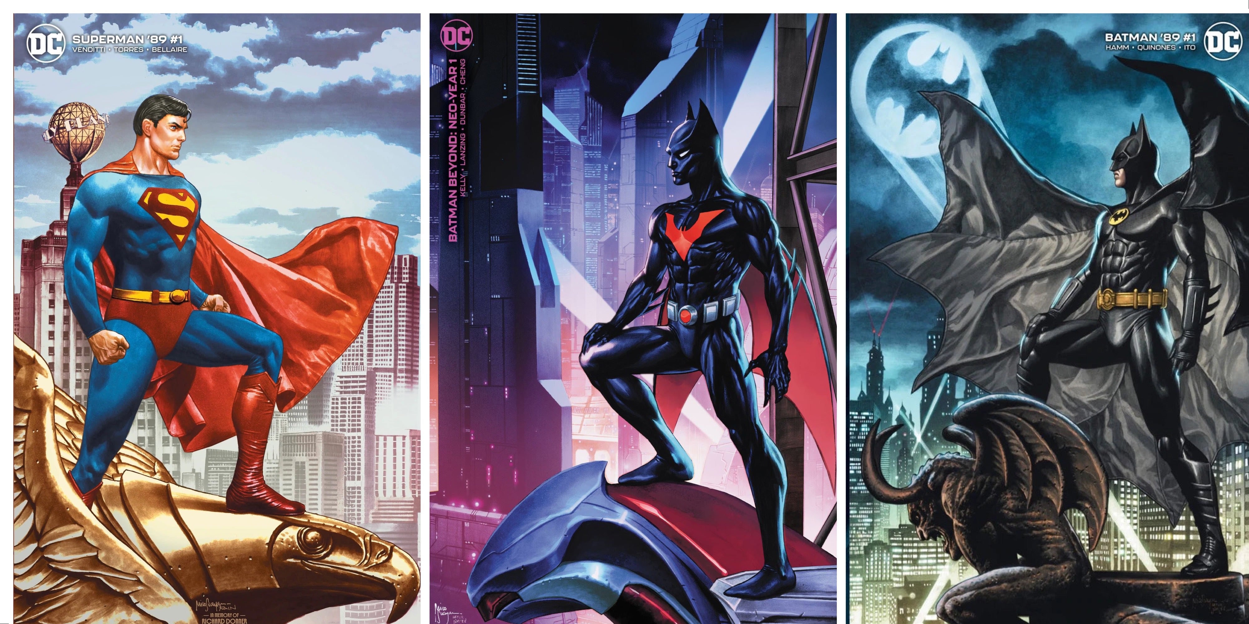 04/05/2022 BATMAN BEYOND NEO-YEAR #1 BATMAN'89 #1 SUPERMAN '78 #1 MICO SUAYAN HOMAGE 3-PACK MINIMAL TRADE