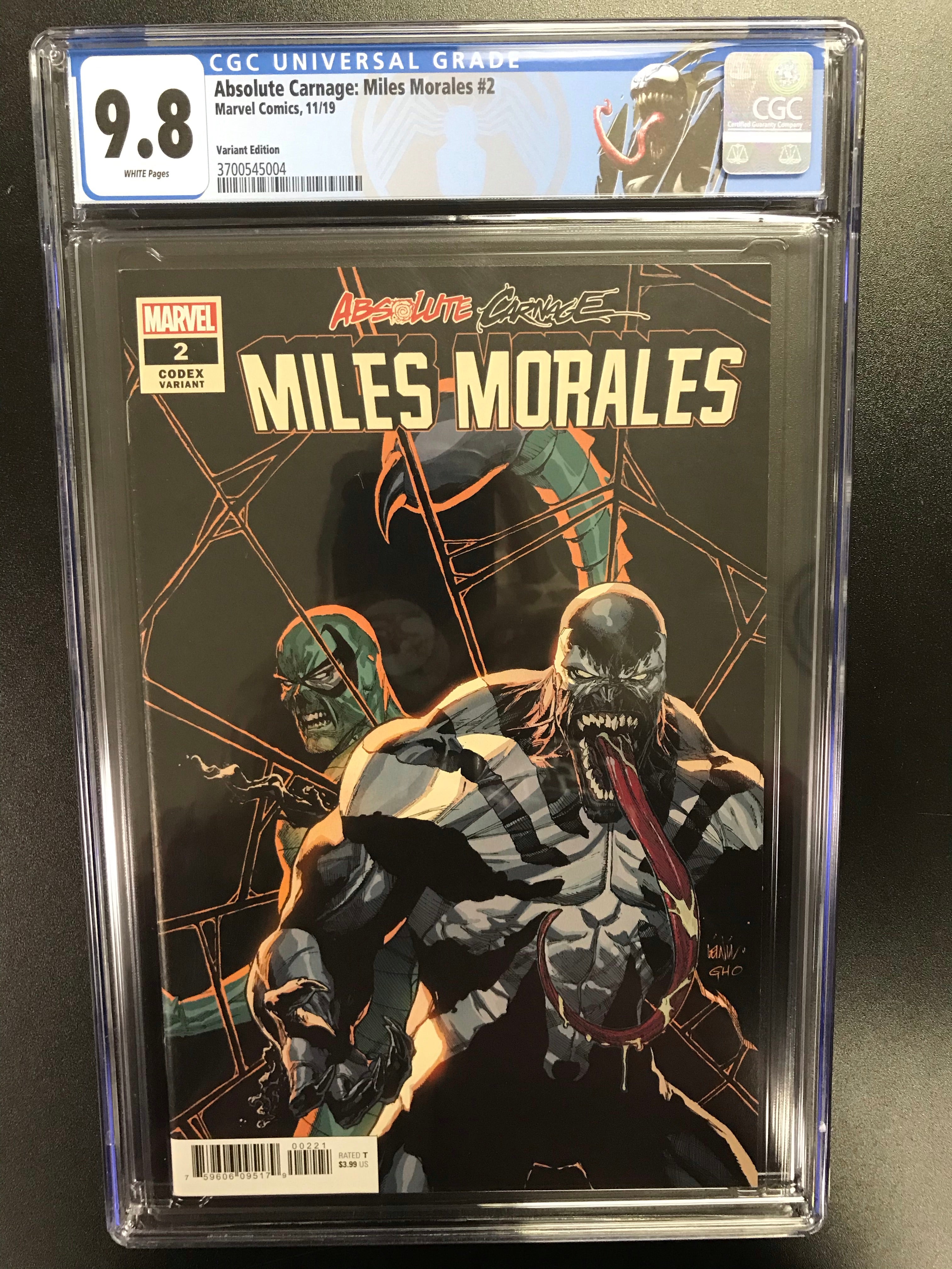 ABSOLUTE CARNAGE MILES MORALES #2 1:25 LEINIL YU CODEX VARIANT CGC 9.8 W/VENOM CUSTOM LABEL
