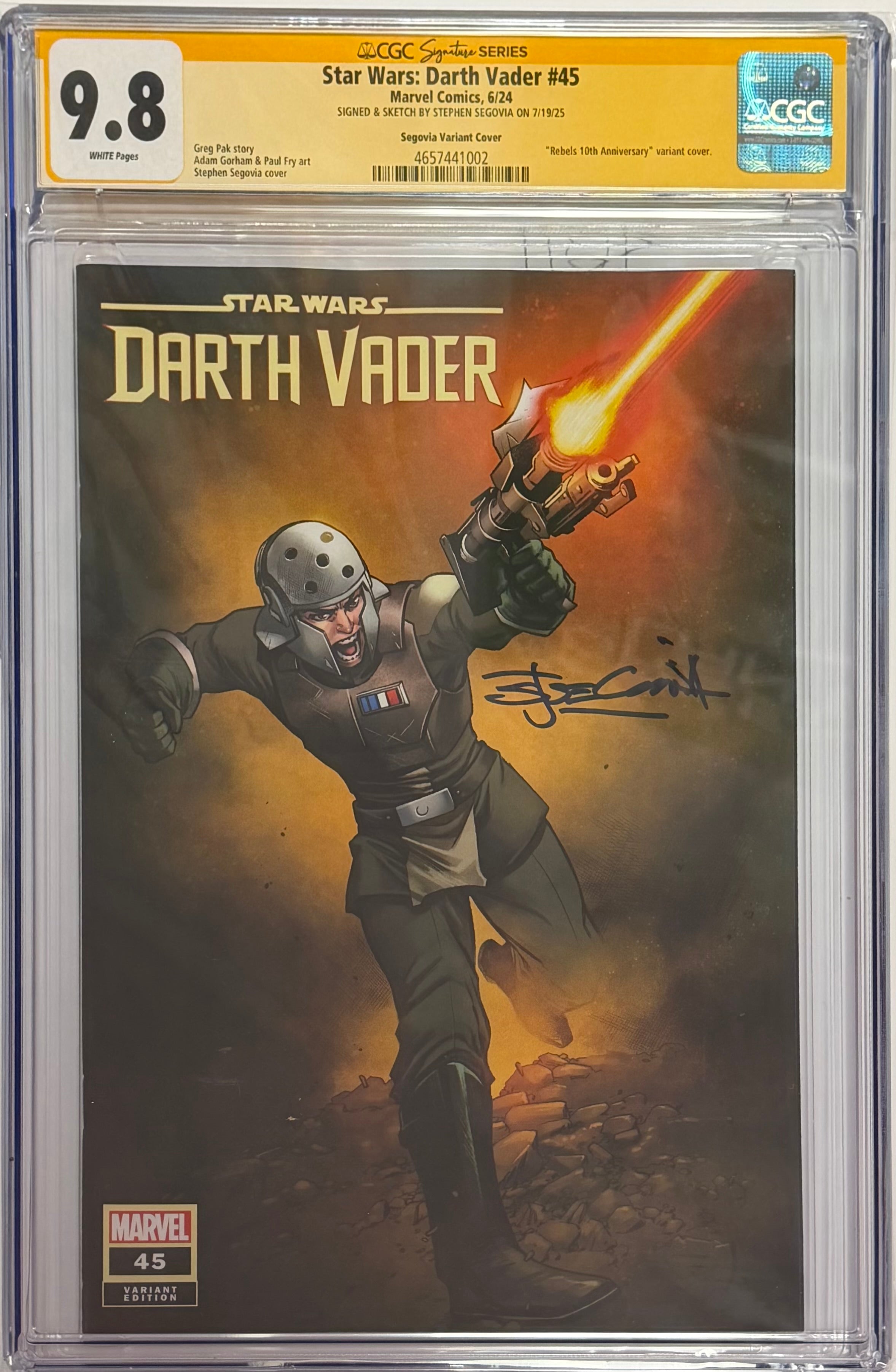 STAR WARS: DARTH VADER #45 STEPHEN SEGOVIA REBELS 10TH ANNIVERSARY LIMITED EDITION SIGNED BY STEPHEN SEGOVIA CGC 9.8 (IN STOCK) C60