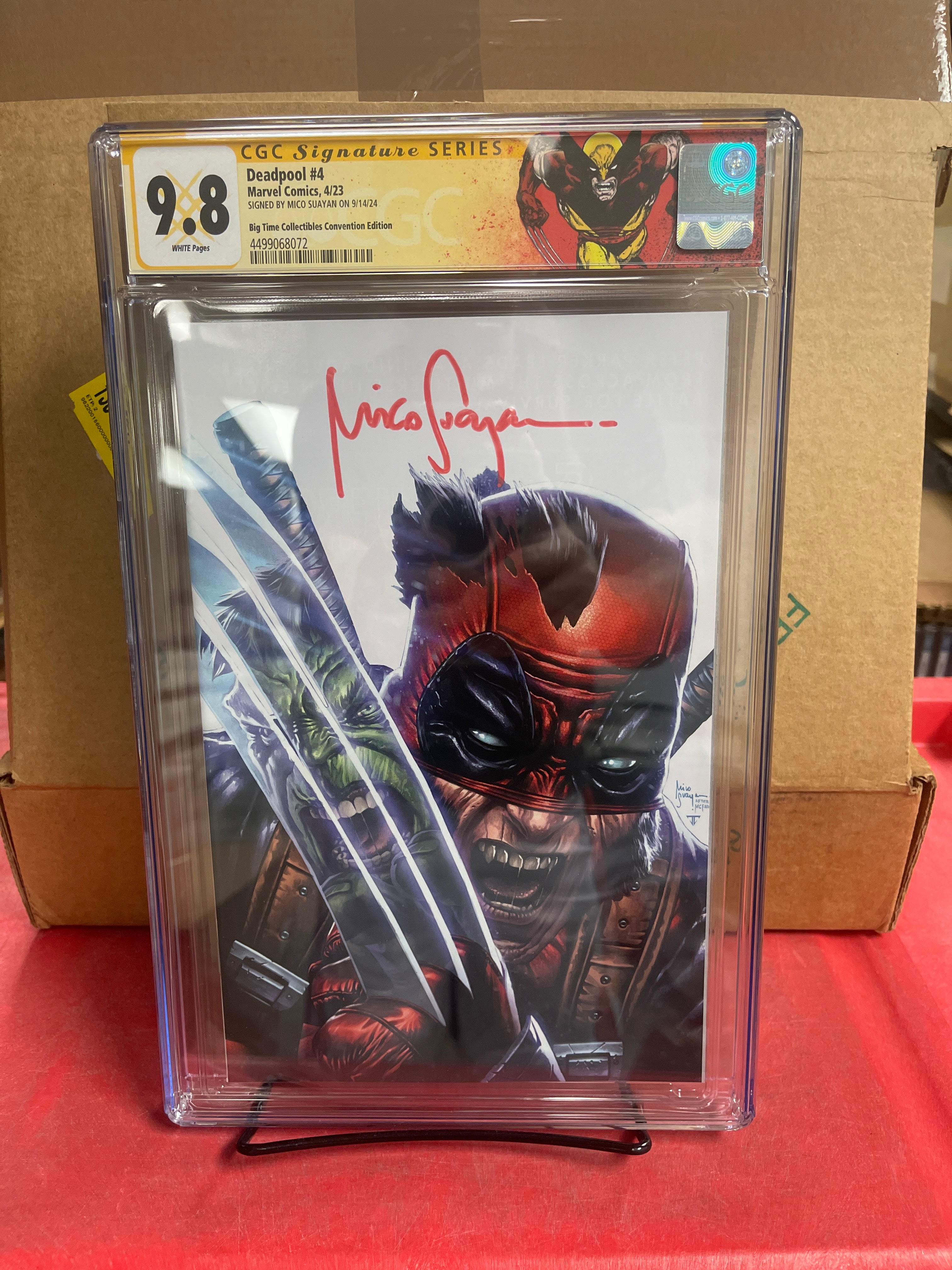 DEADPOOL #4 MICO SUAYAN EXCLUSIVE SECRET DROP SIGNED BY MICO SUAYAN CGC 9.8 W/WOLVERINE CUSTOM LABEL (C105)