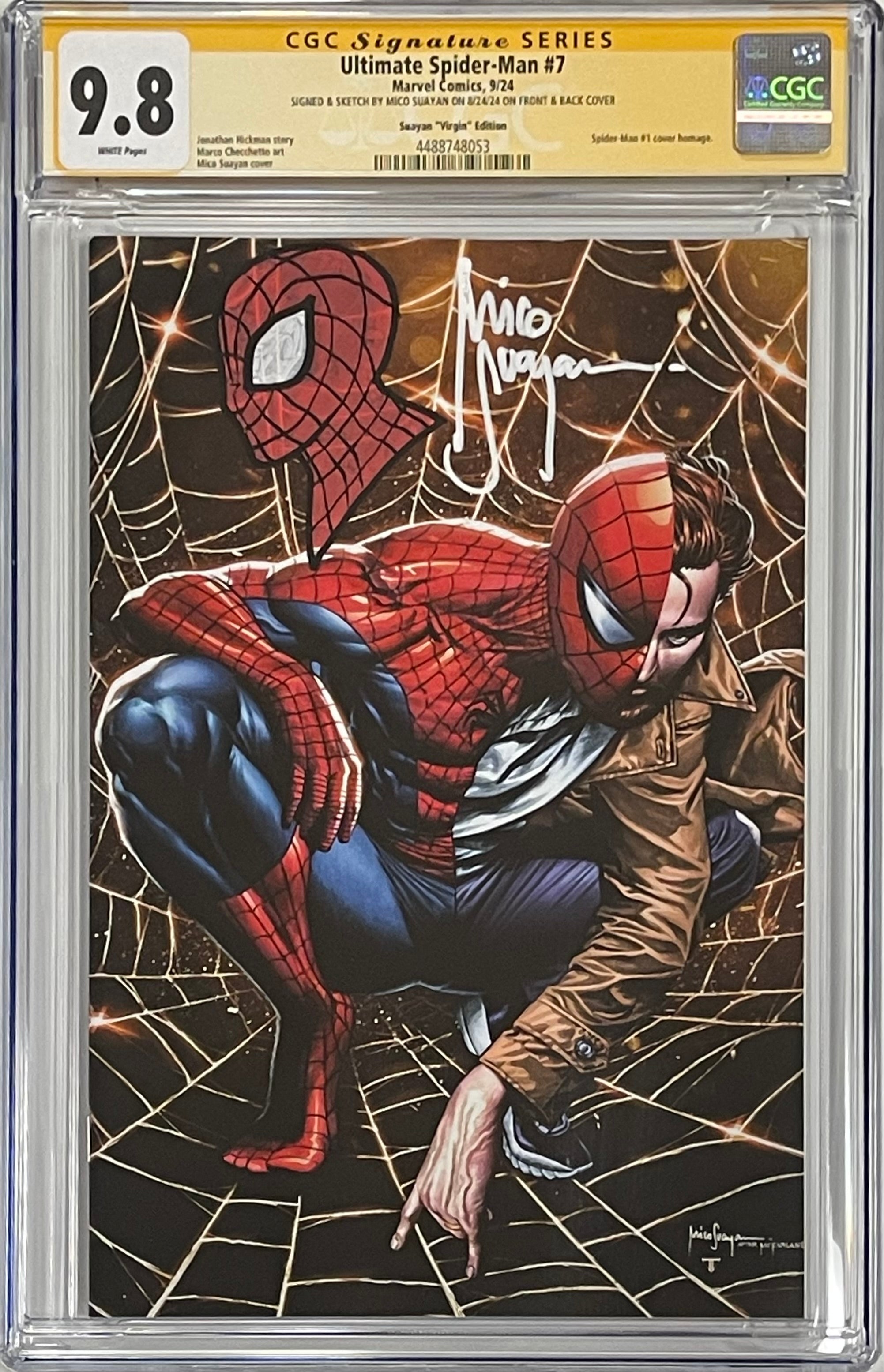 ULTIMATE SPIDER-MAN #7 MICO SUAYAN EXCLUSIVE VIRGIN EDITION SIGNED W/COLORED SPIDER-MAN SKETCH ON FRONT & VENOMIZED LOGO AT THE BACK BY MICO SUAYAN CGC 9.8 (C101)