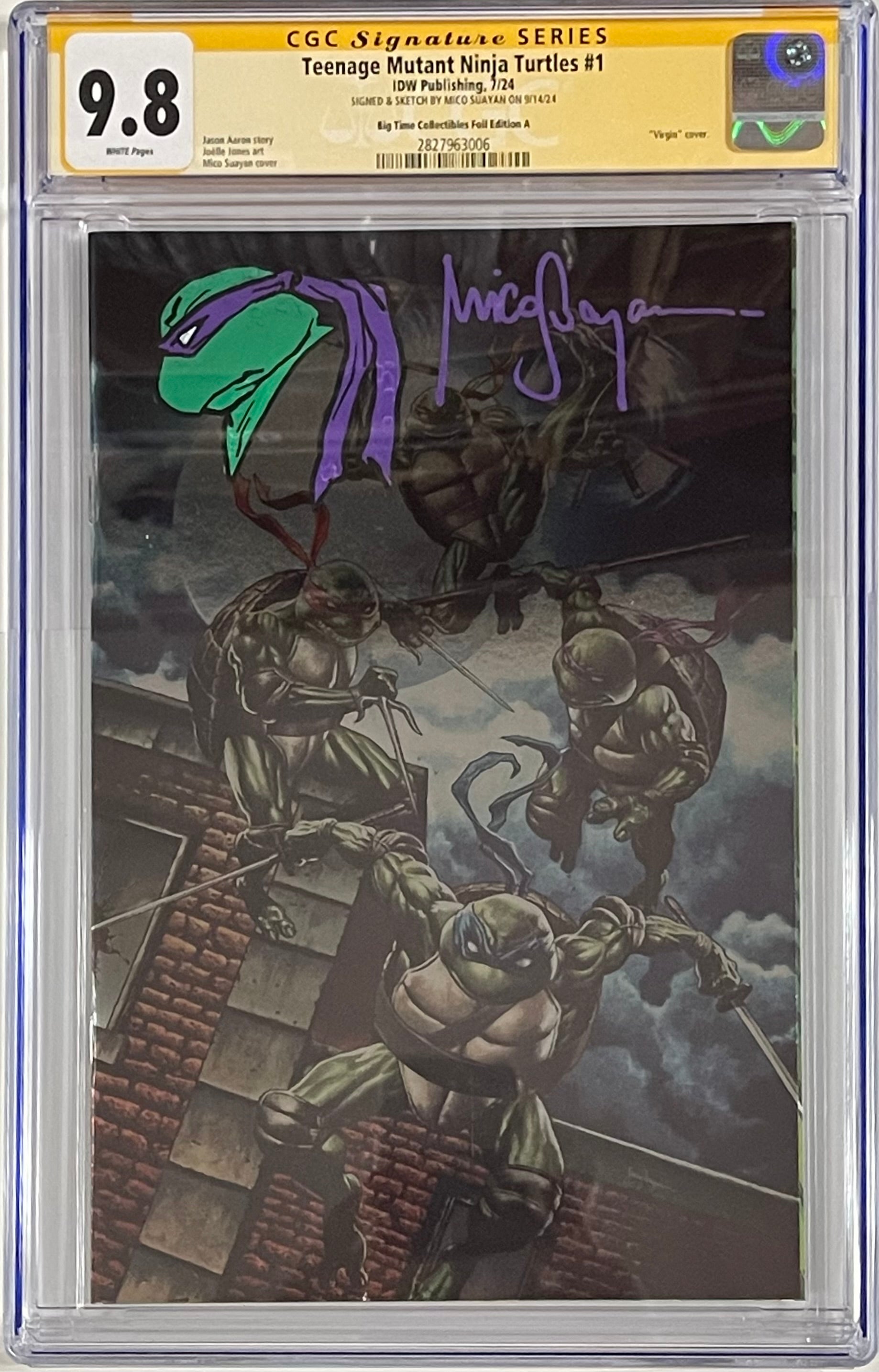 Teenage Mutant Ninja Turtles (2024) #1 MICO SUAYAN EXCLUSIVE FOIL VARIANT SIGNED W/COLORED DONATELLO SKETCH BY MICO SUAYAN CGC 9.8 (C60)