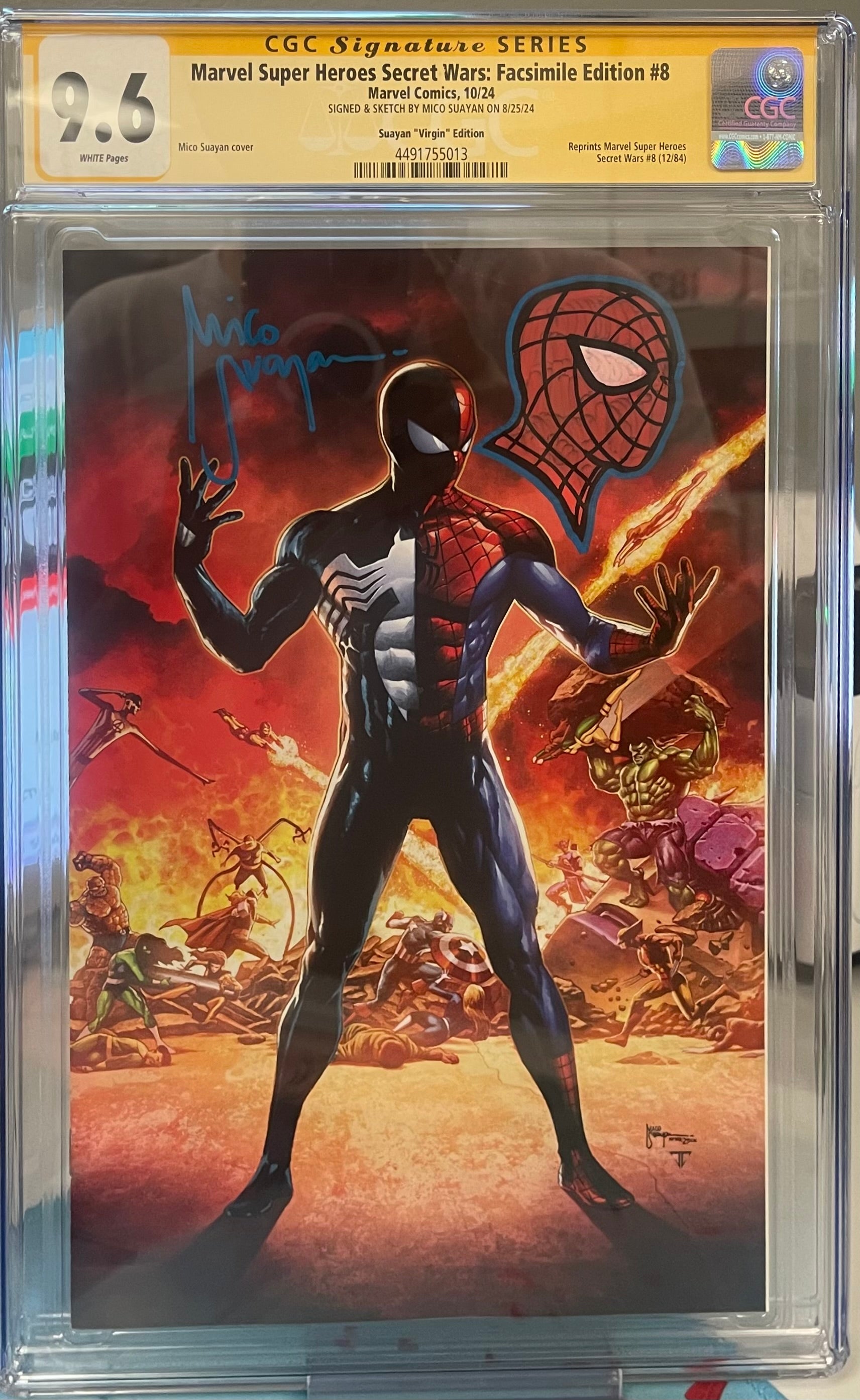 MARVEL SUPER HEROES SECRET WARS #8 MICO SUAYAN EXCLUSIVE VIRGIN VARIANT SIGNED W/COLORED SPIDER-MAN SKETCH BY MICO SUAYAN CGC 9.6 (C70)