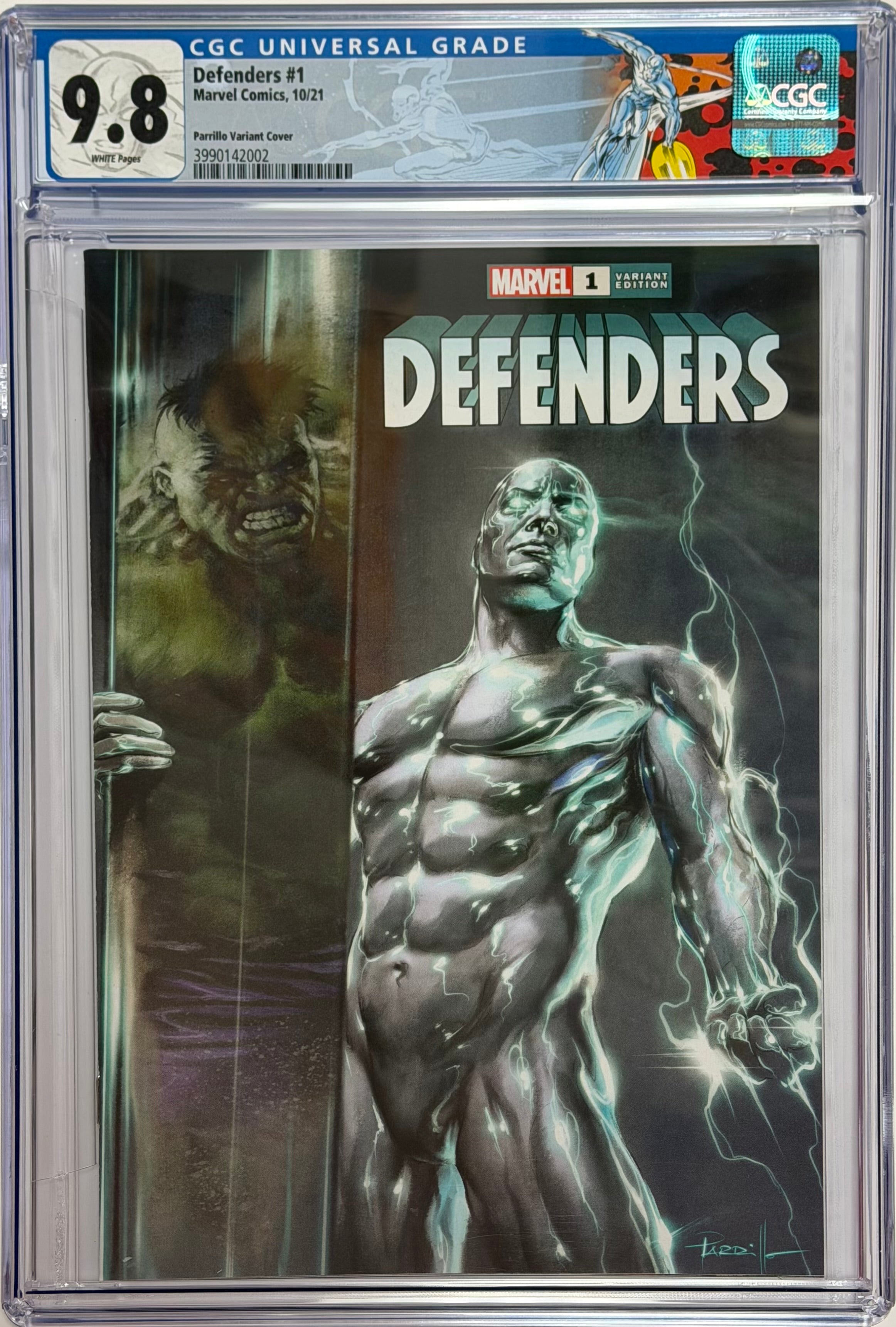 DEFENDERS #1 LUCIO PARRILLO EXCLUSIVE VARIANT CGC 9.8 W/SILVER SURFER CUSTOM LABEL(IN STOCK) C42