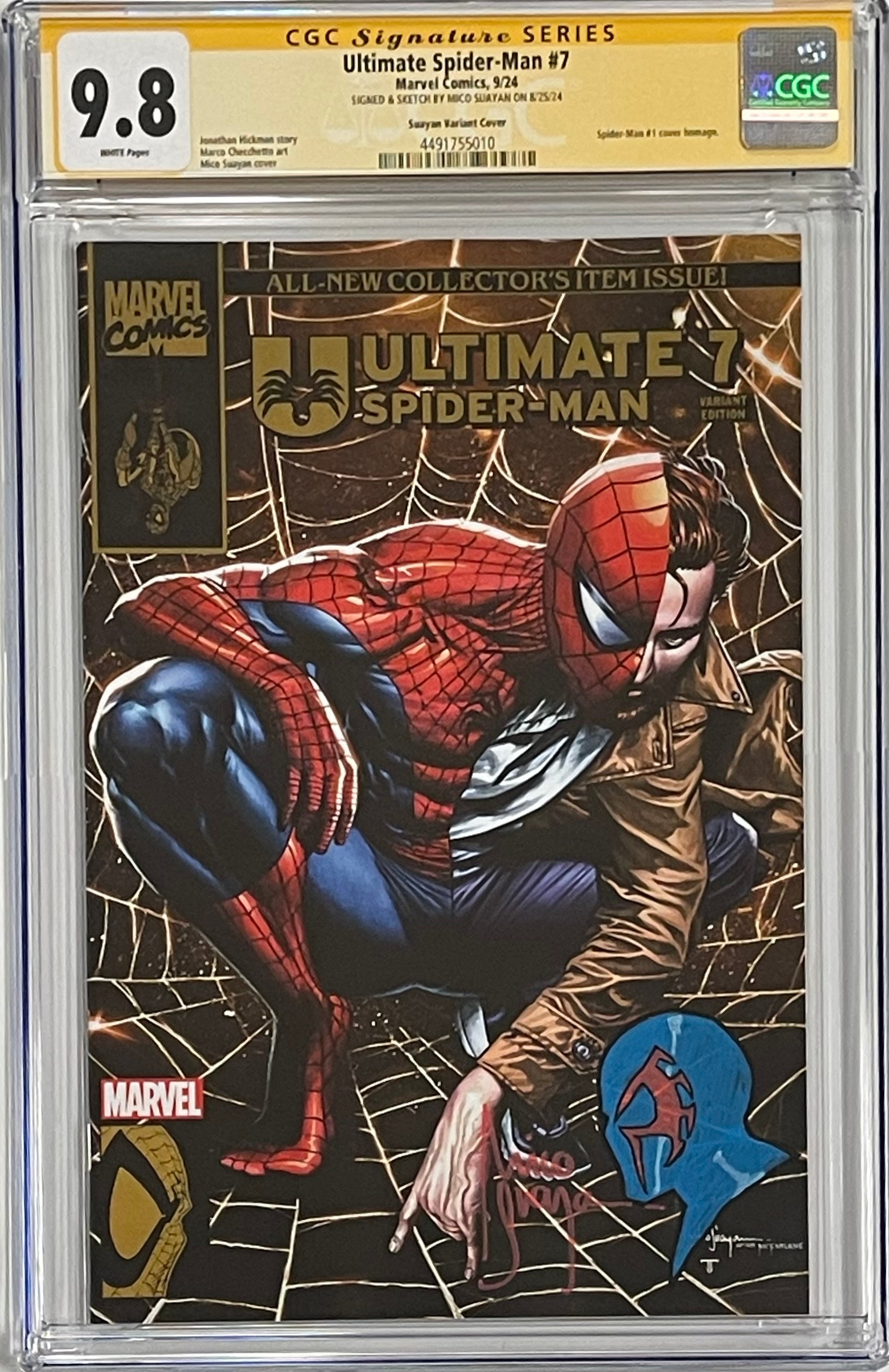 ULTIMATE SPIDER-MAN #7 MICO SUAYAN EXCLUSIVE VARIANT SIGNED W/COLORED SPIDER-MAN 2099 SKETCH BY MICO SUAYAN CGC 9.8 (C73)