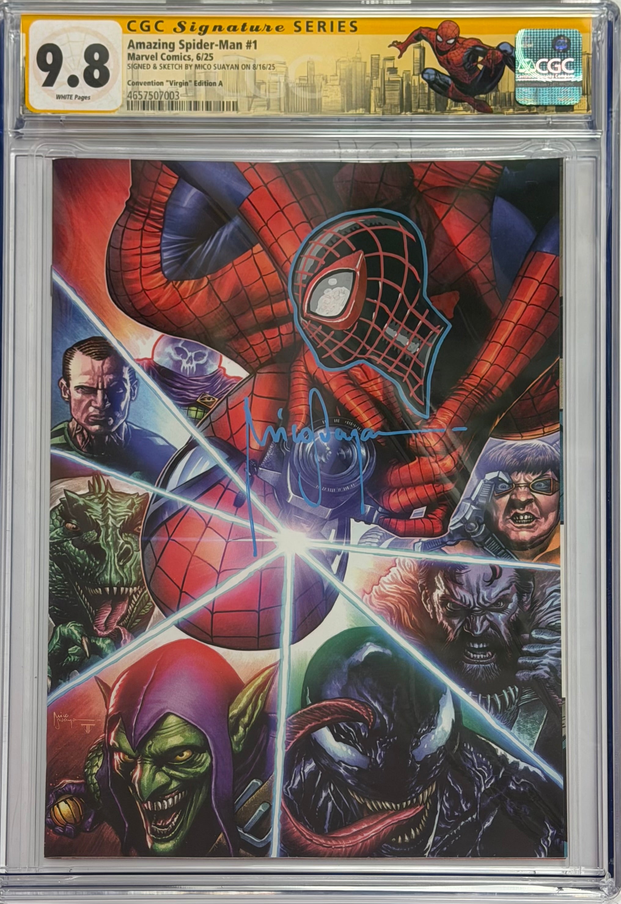 AMAZING SPIDER-MAN #1 SIGNED W/COLORED MILES SKETCH BY MICO SUAYAN CGC 9.8 W/SPIDER-MAN NYC CUSTOM LABEL (IN STOCK) C62