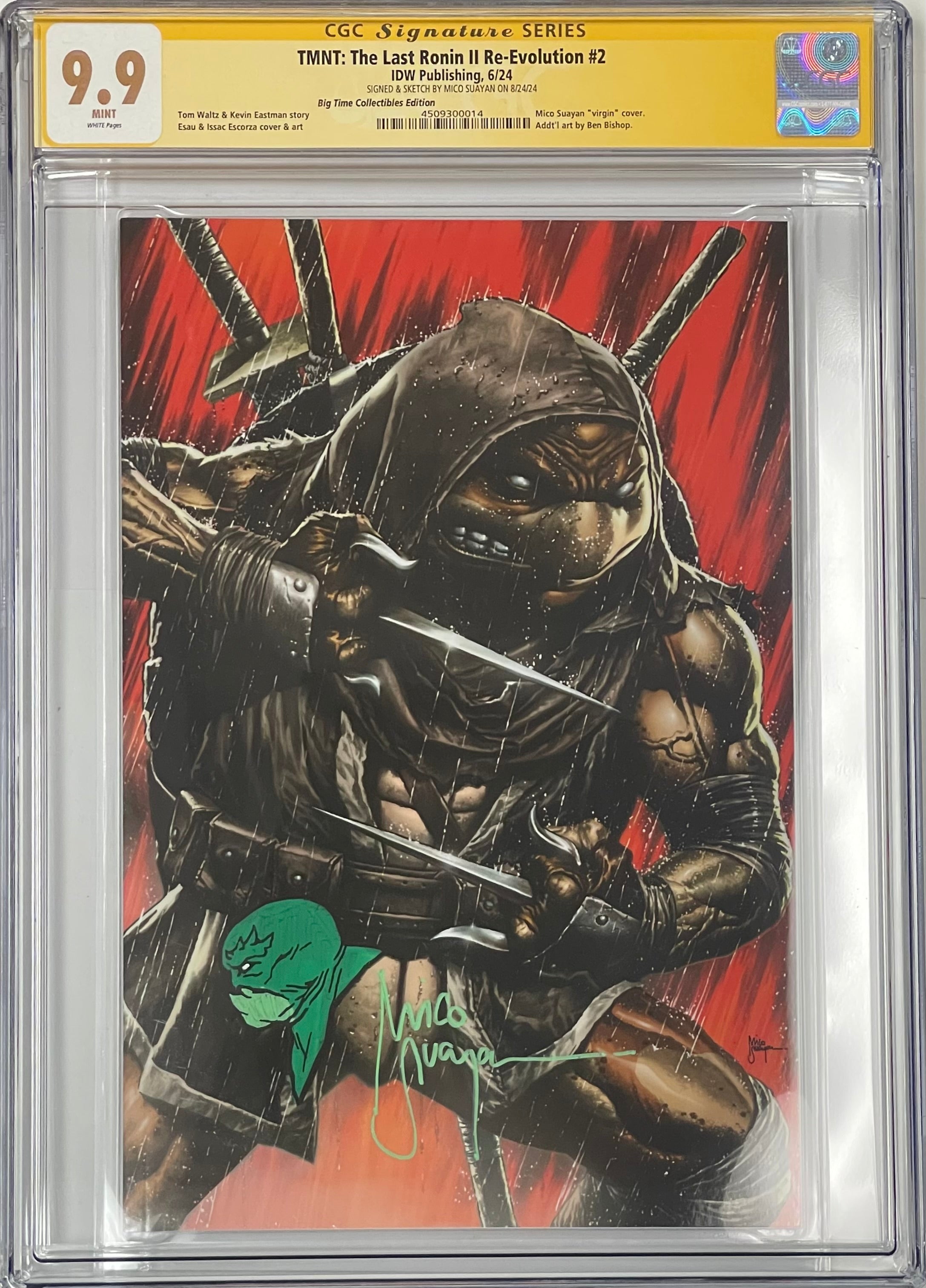 TMNT THE LAST RONIN II RE-EVOLUTION #2 MICO SUAYAN EXCLUSIVE VIRGIN VARIANT SIGNED W/COLORED SKETCH BY MICO SUAYAN CGC 9.9 MINT (C93)