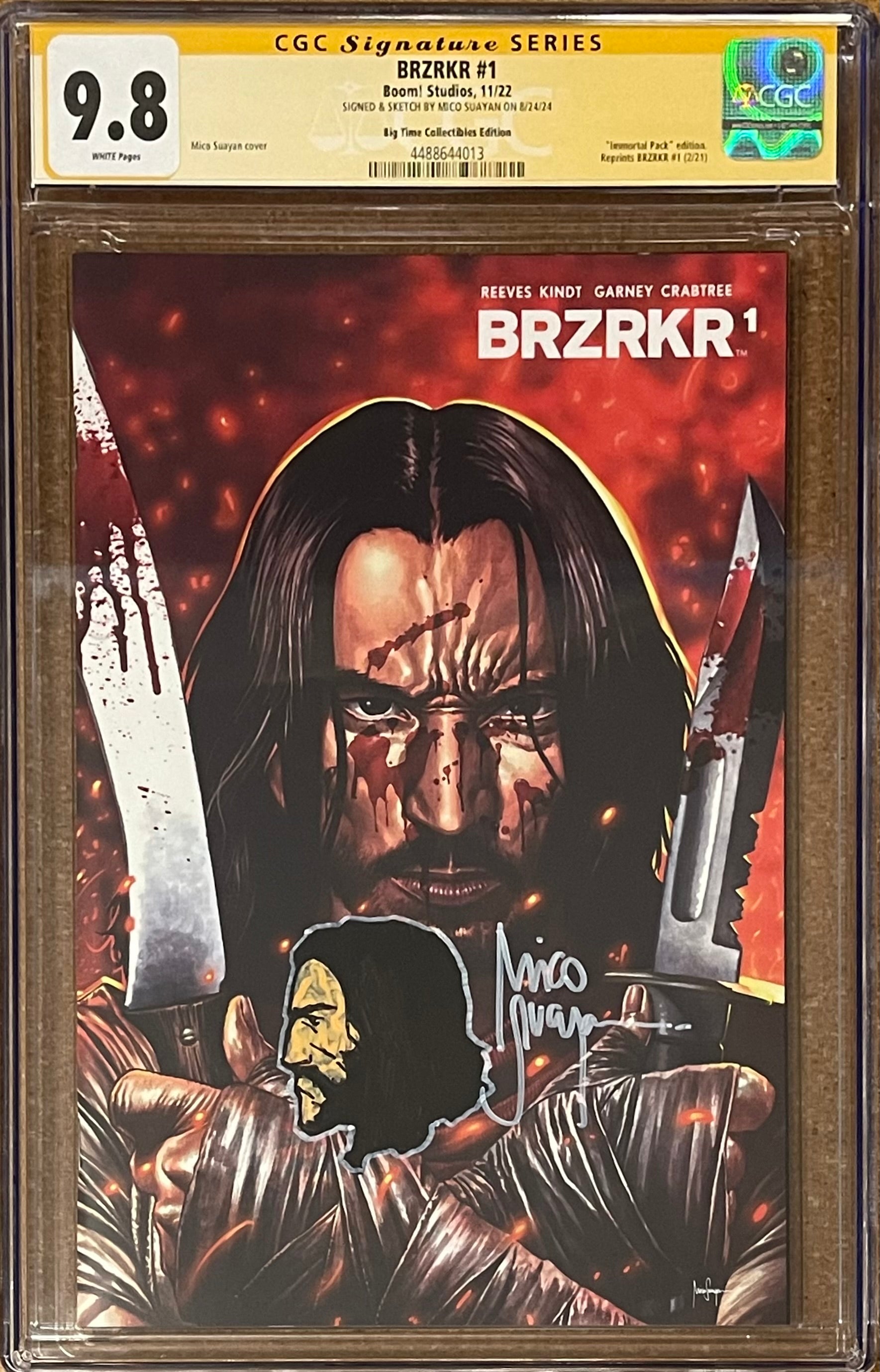 BRZRKR #1 MICO SUAYAN EXCLUSIVE VARIANT SIGNED W/COLORED KENAU REEVES SKETCH BY MICO SUAYAN CGC 9.8 (IN STOCK) C80