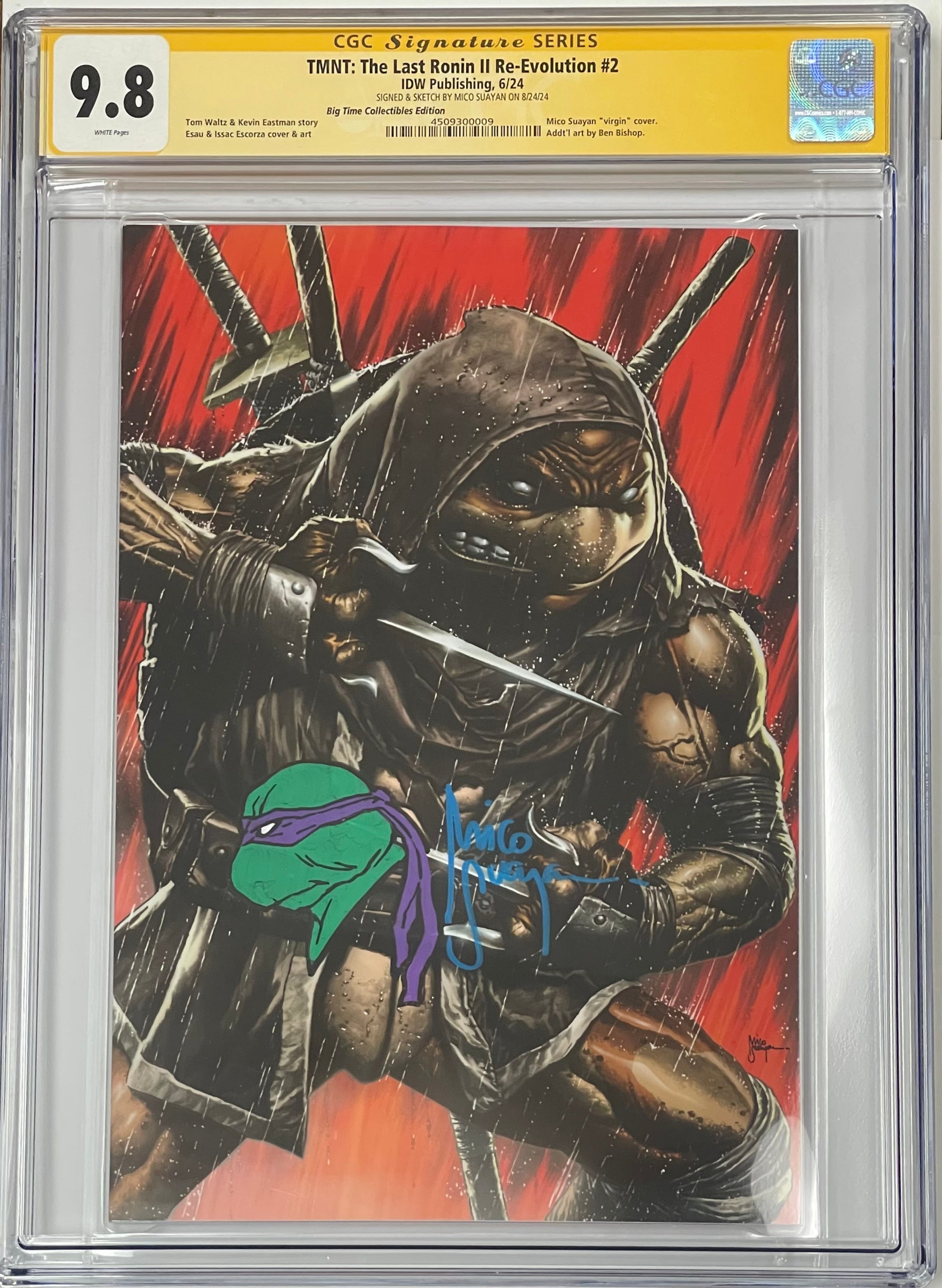 TMNT THE LAST RONIN II RE-EVOLUTION #2 MICO SUAYAN EXCLUSIVE VIRGIN VARIANT SIGNED W/COLORED DONATELLO SKETCH BY MICO SUAYAN CGC 9.8 (C93)