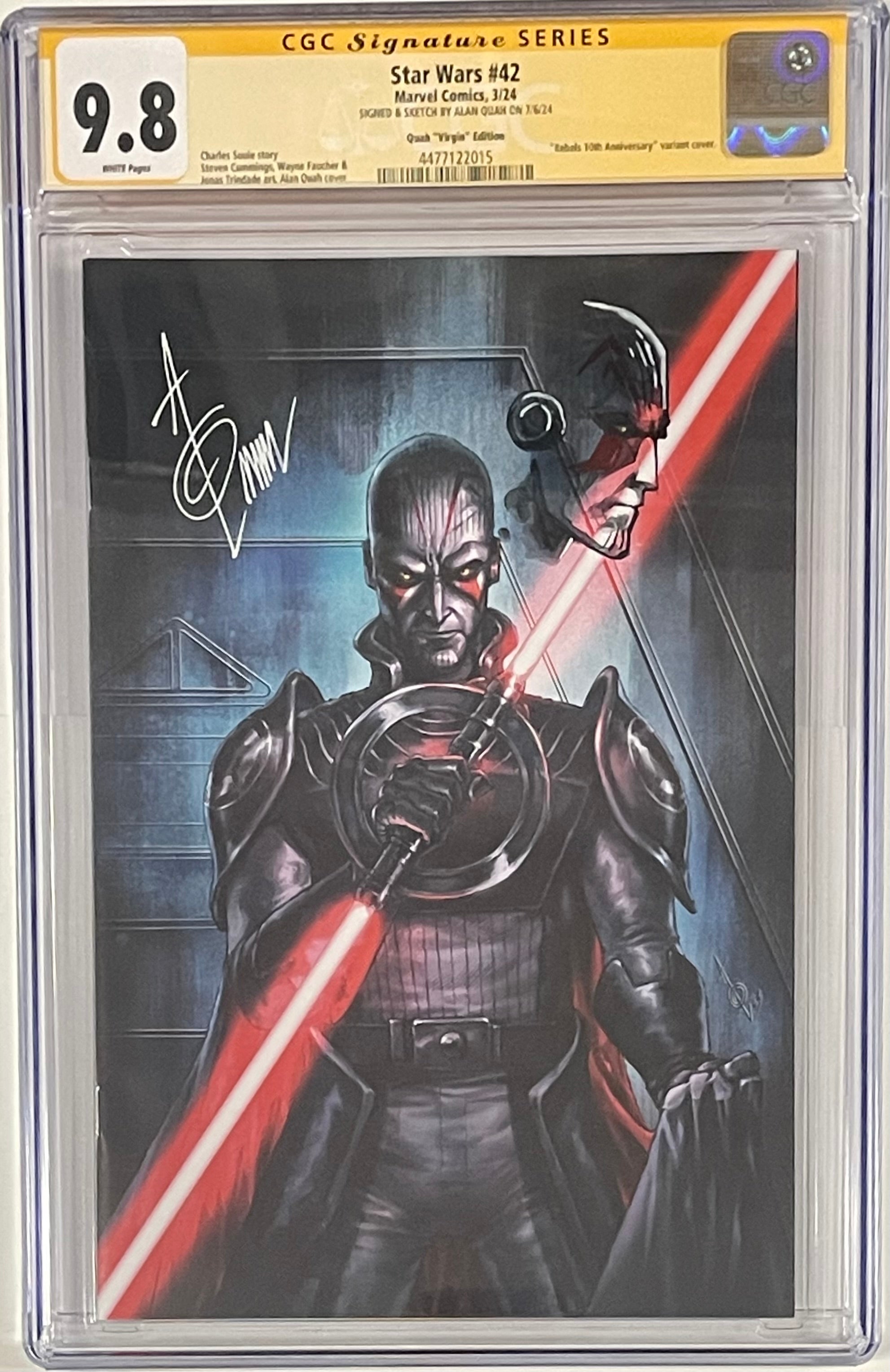 STAR WARS #42 ALAN QUAH REBELS 10TH ANNIVERSARY VIRGIN EDITION SIGNED W/GRAND INQUISITOR SKETCH BY ALAN QUAH CGC 9.8 (C90)