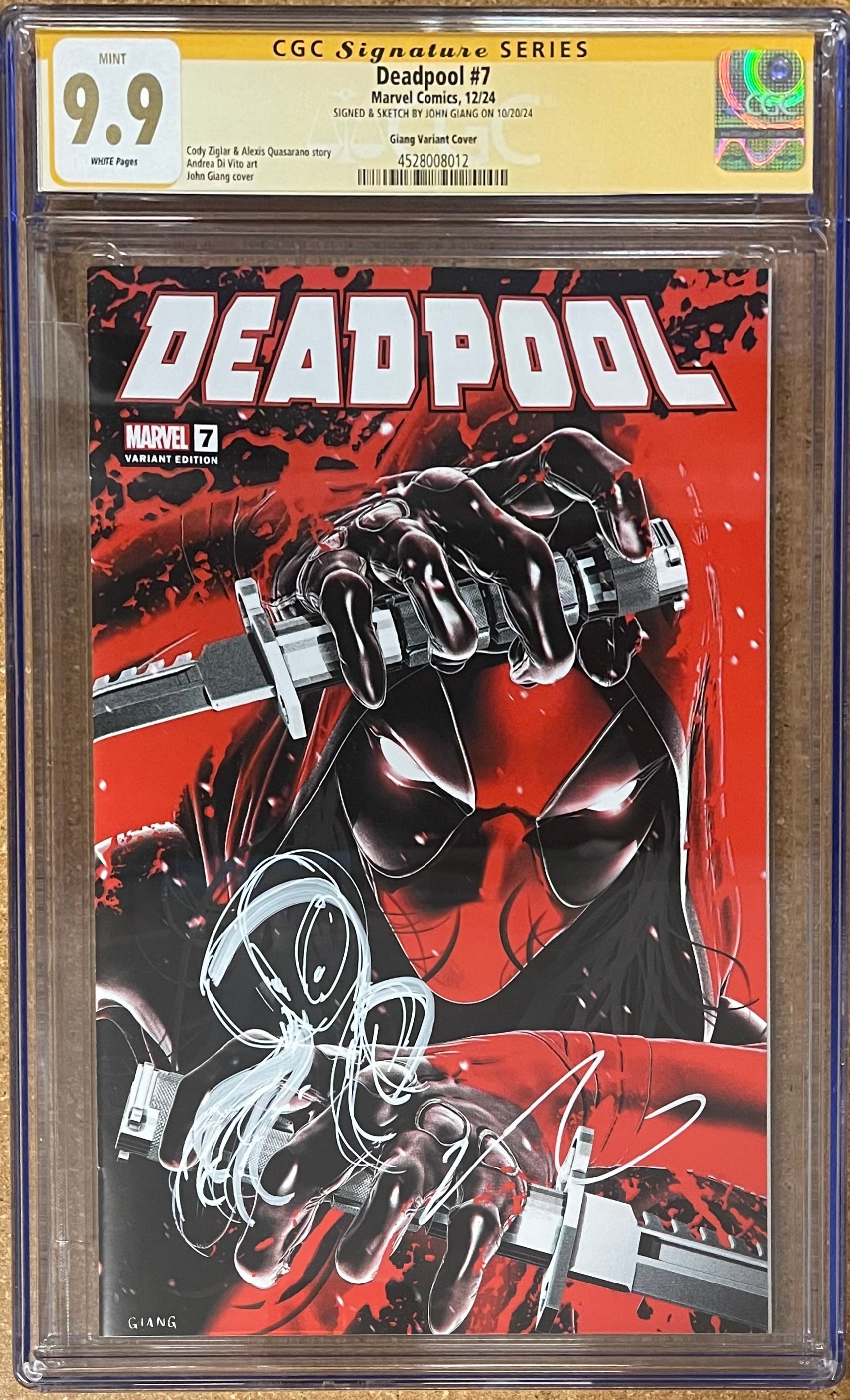 DEADPOOL #7 JOHN GIANG NEGATIVE BLEED EXCLUSIVE VARIANT SIGNED W/ELLIE SKETCH BY JOHN GIANG CGC 9.9 MINT (IN STOCK C60)