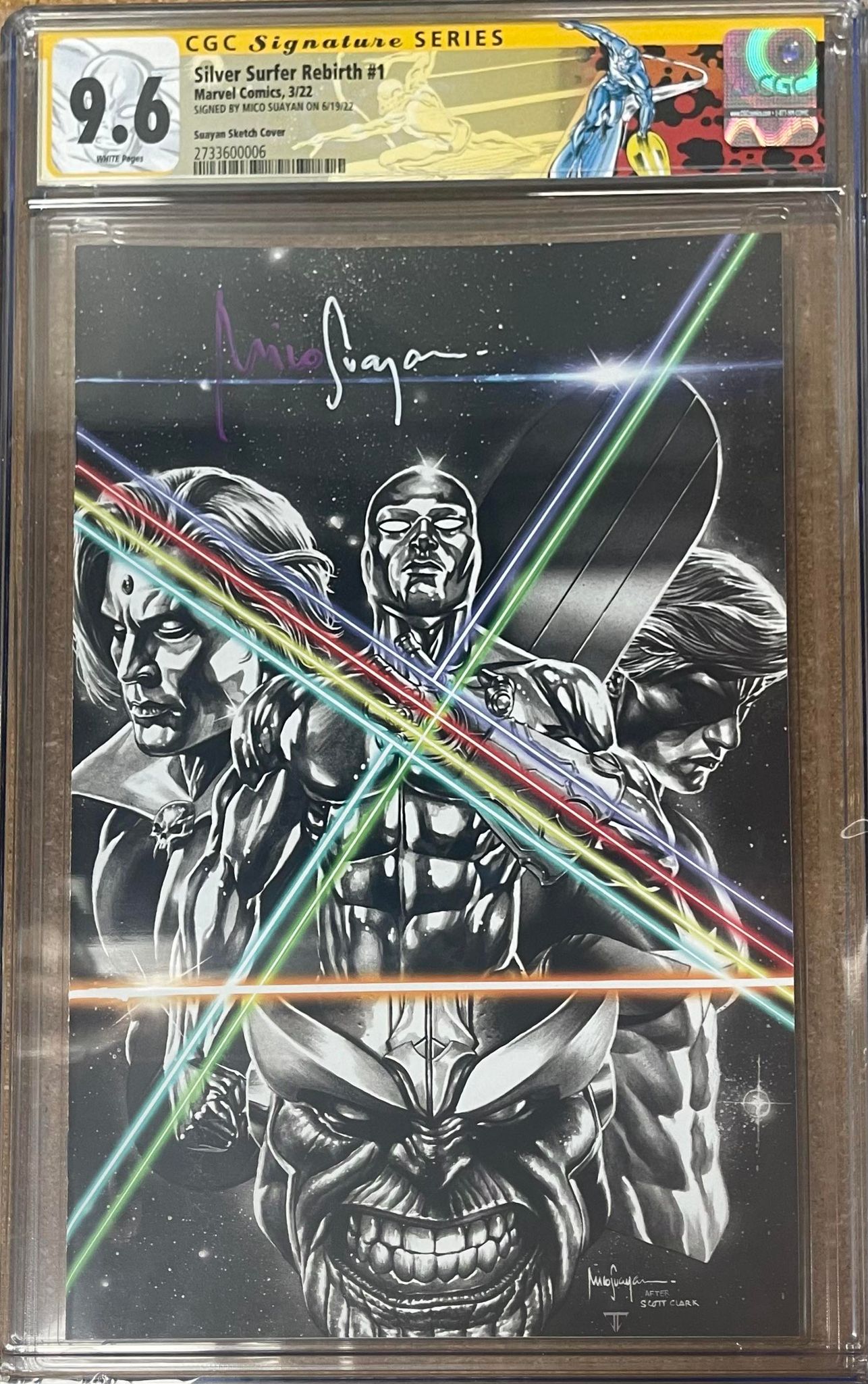 SILVER SURFER REBIRTH #1 CONVENTION EXCLUSIVE VARIANT SIGNED BY MICO SUAYAN W/RETIRED SILVER SURFER CUSTOM LABEL CGC 9.6
