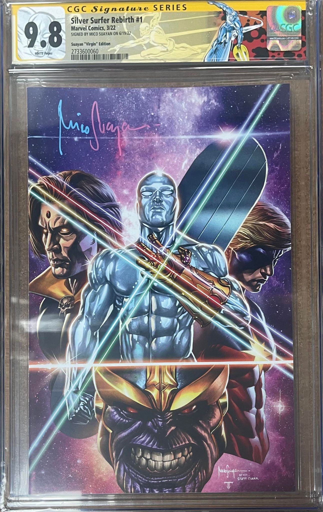 SILVER SURFER REBIRTH #1 EXCLUSIVE VIRGIN VARIANT SIGNED BY MICO SUAYAN W/RETIRED SILVER SURFER CUSTOM LABEL CGC 9.6 or BETTER