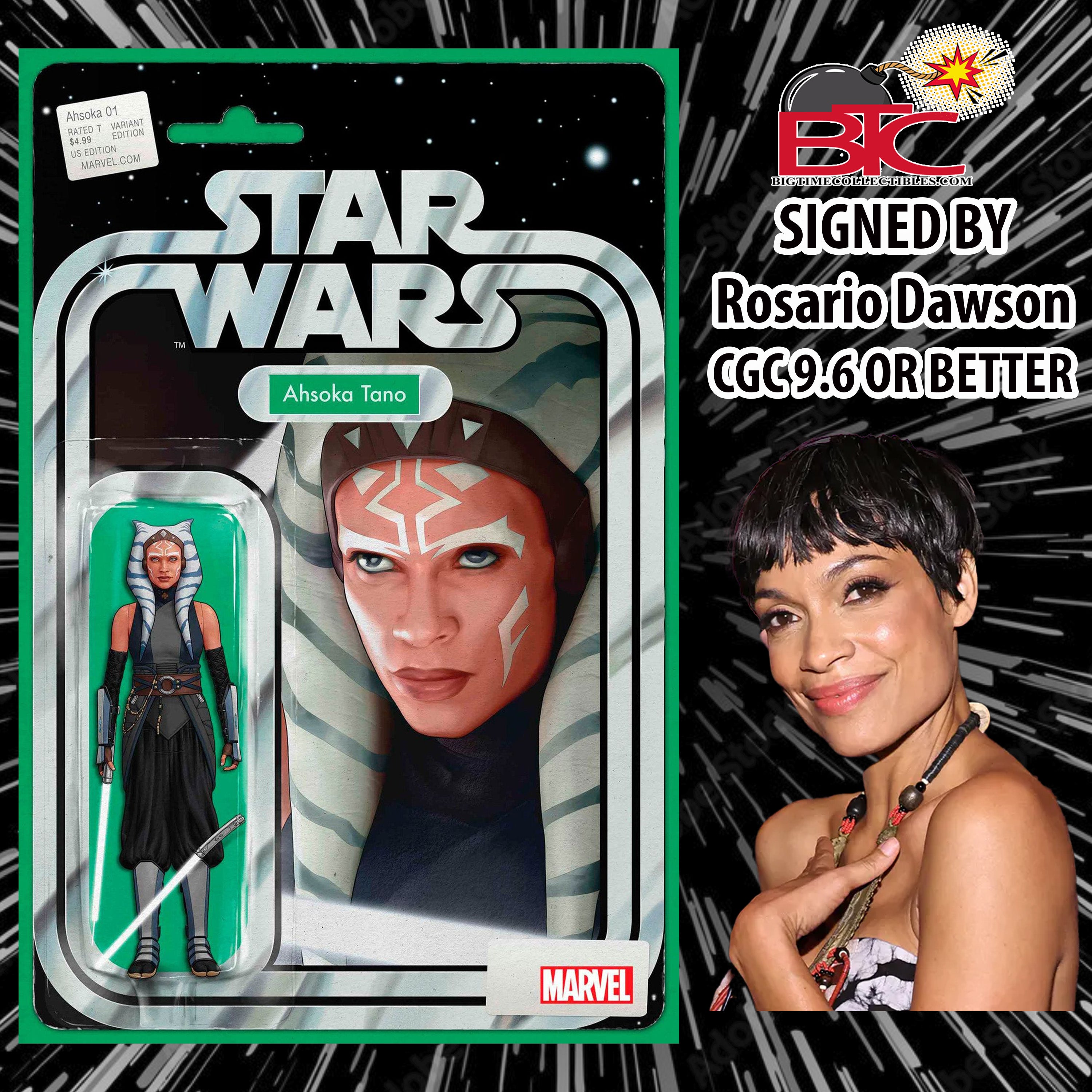 STAR WARS: AHSOKA #1 JOHN TYLER CHRISTOPHER ACTION FIGURE VARIANT SIGNED BY ROSARIO DAWSON CGC 9.6 OR BETTER