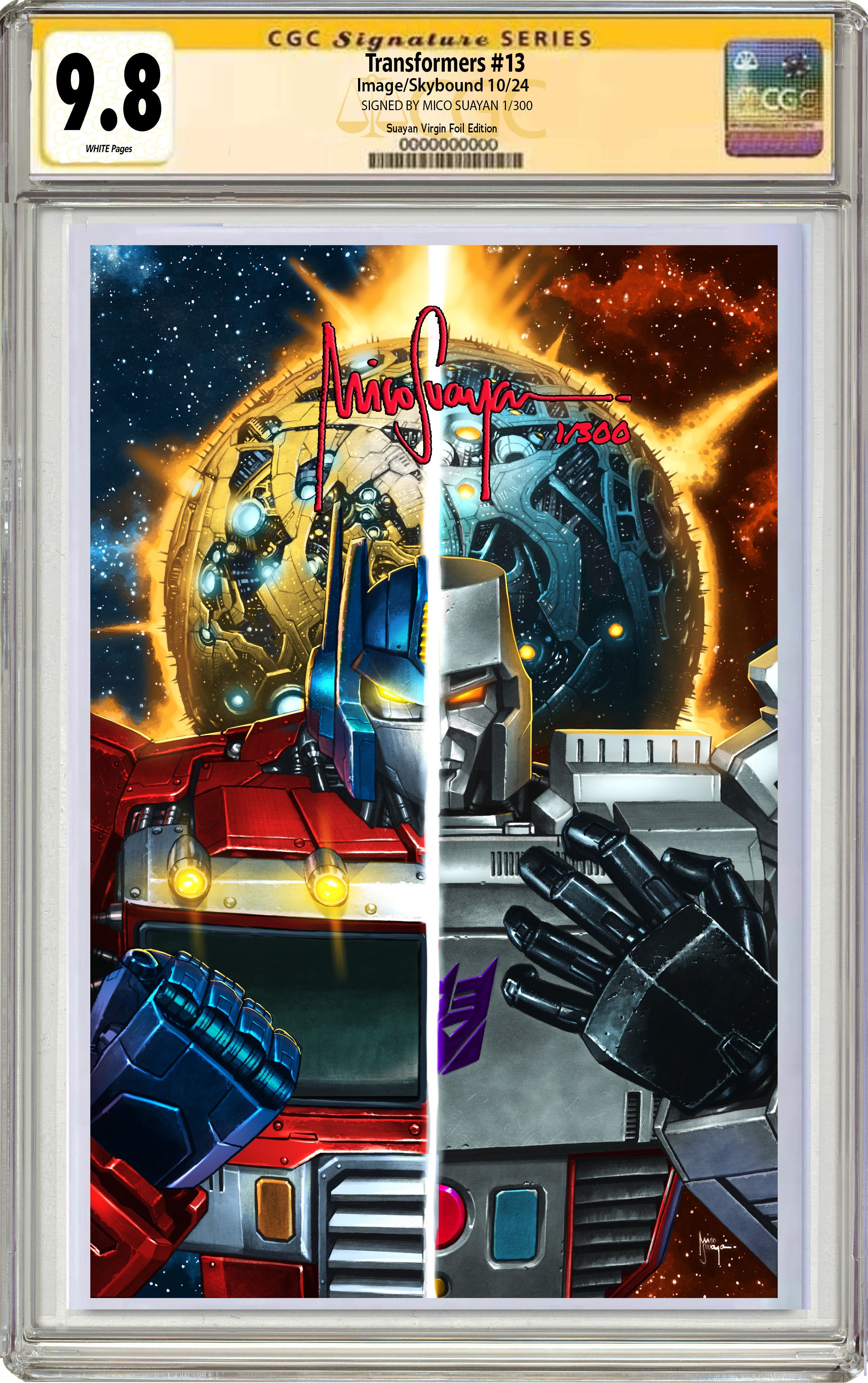 TRANSFORMERS #13 40TH ANNIVERSARY EXCLUSIVE FOIL EDITION. SIGNED & HAND NUMBERED BY MICO SUAYAN CGC 9.8, LIMITED TO 300