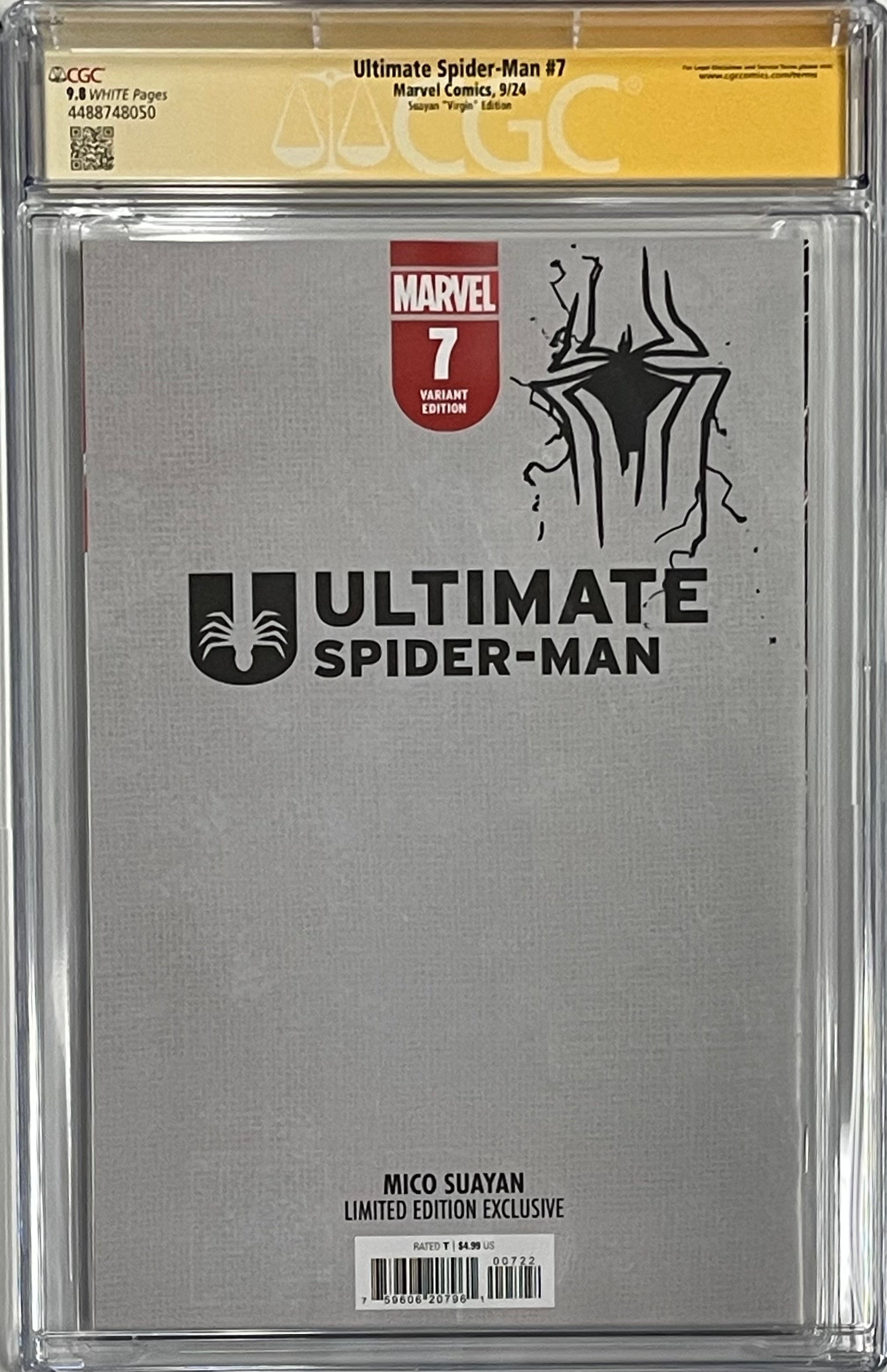 ULTIMATE SPIDER-MAN #7 MICO SUAYAN EXCLUSIVE VIRGIN EDITION SIGNED W/COLORED SPIDER-MAN SKETCH ON FRONT & VENOMIZED LOGO AT THE BACK BY MICO SUAYAN CGC 9.8 (C70)