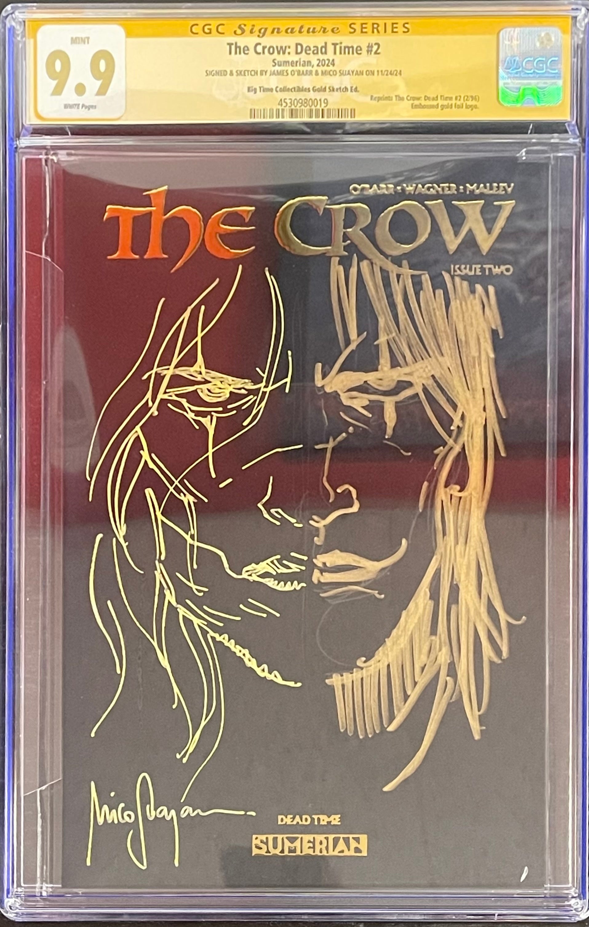 THE CROW: DEAD TIME #2 GOLD FOIL BLANK EDITION SIGNED W/DUAL SKETCH BY JAMES O'BARR & MICO SUAYAN CGC 9.9 MINT (C62)