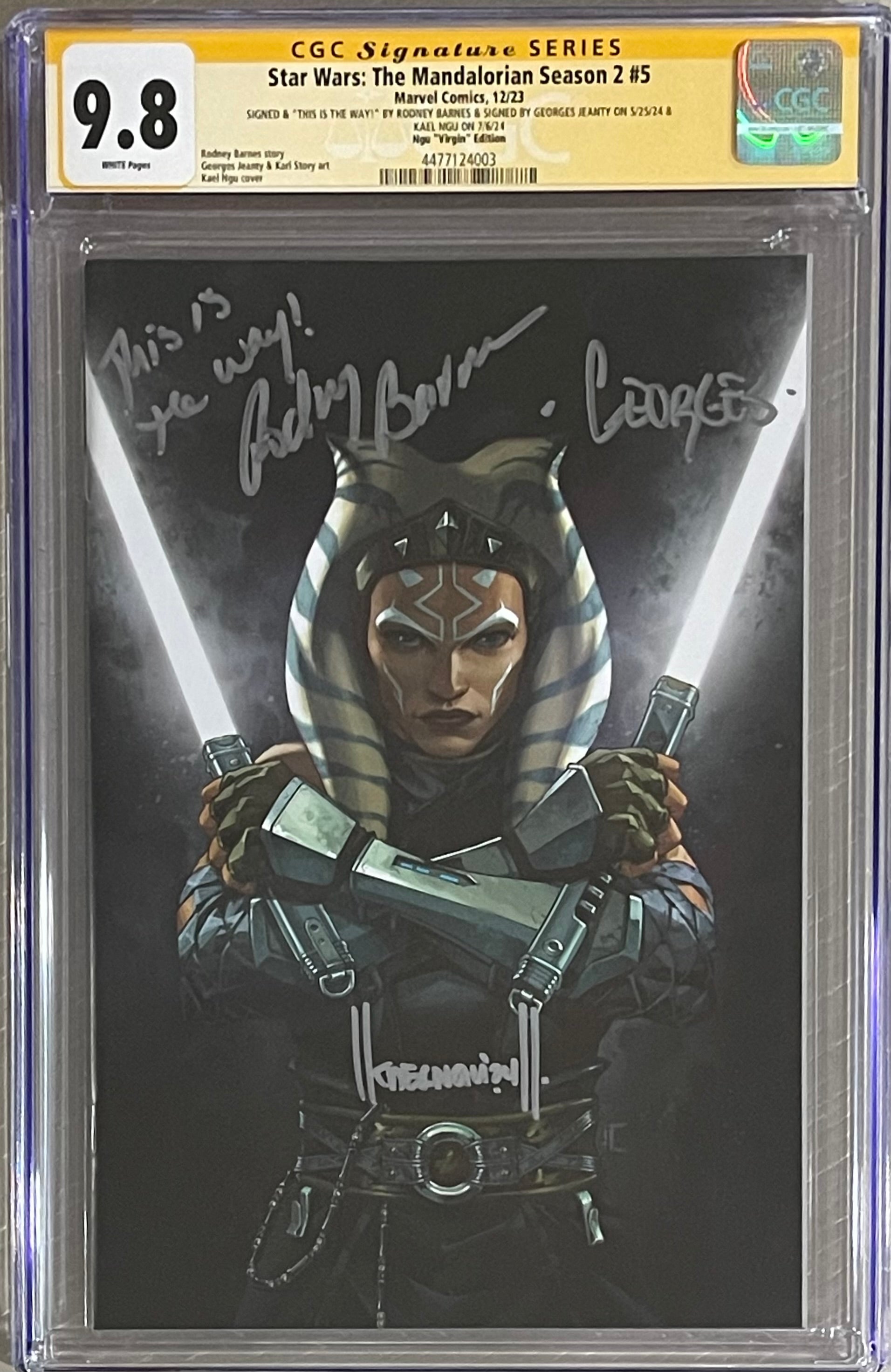 STAR WARS THE MANDALORIAN SEASON 2 #5 KAEL NGU EXCLUSIVE VIRGIN VARIANT SIGNED BY GEORGES JEANTY, KAEL NGU & SIGNED & INSCRIBED "THIS IS THE WAY!" BY RODNEY BARNES CGC 9.8 (IN STOCK) C87