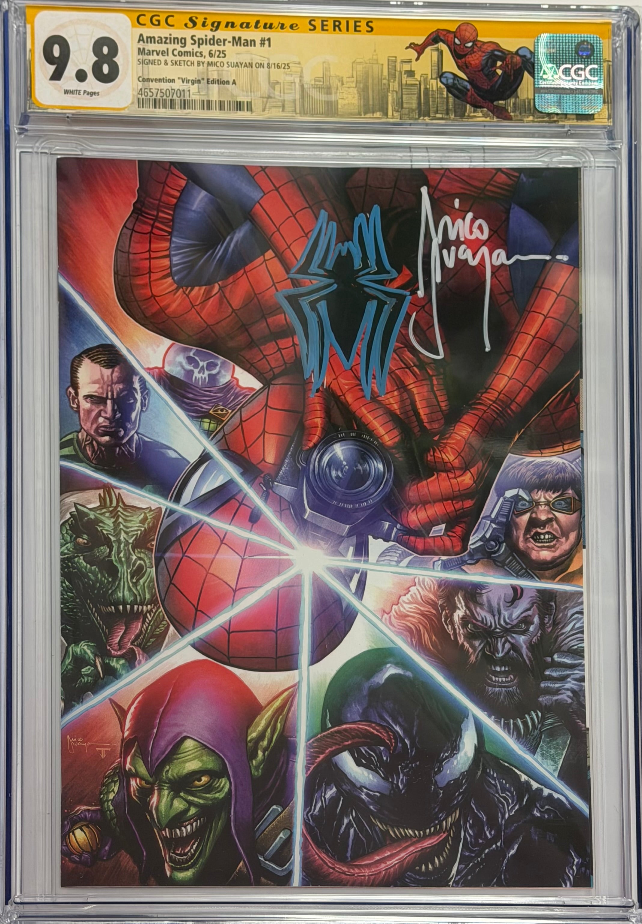 AMAZING SPIDER-MAN #1 SIGNED W/COLORED SPIDER SKETCH BY MICO SUAYAN CGC 9.8 W/SPIDER-MAN NYC CUSTOM LABEL (IN STOCK) C58