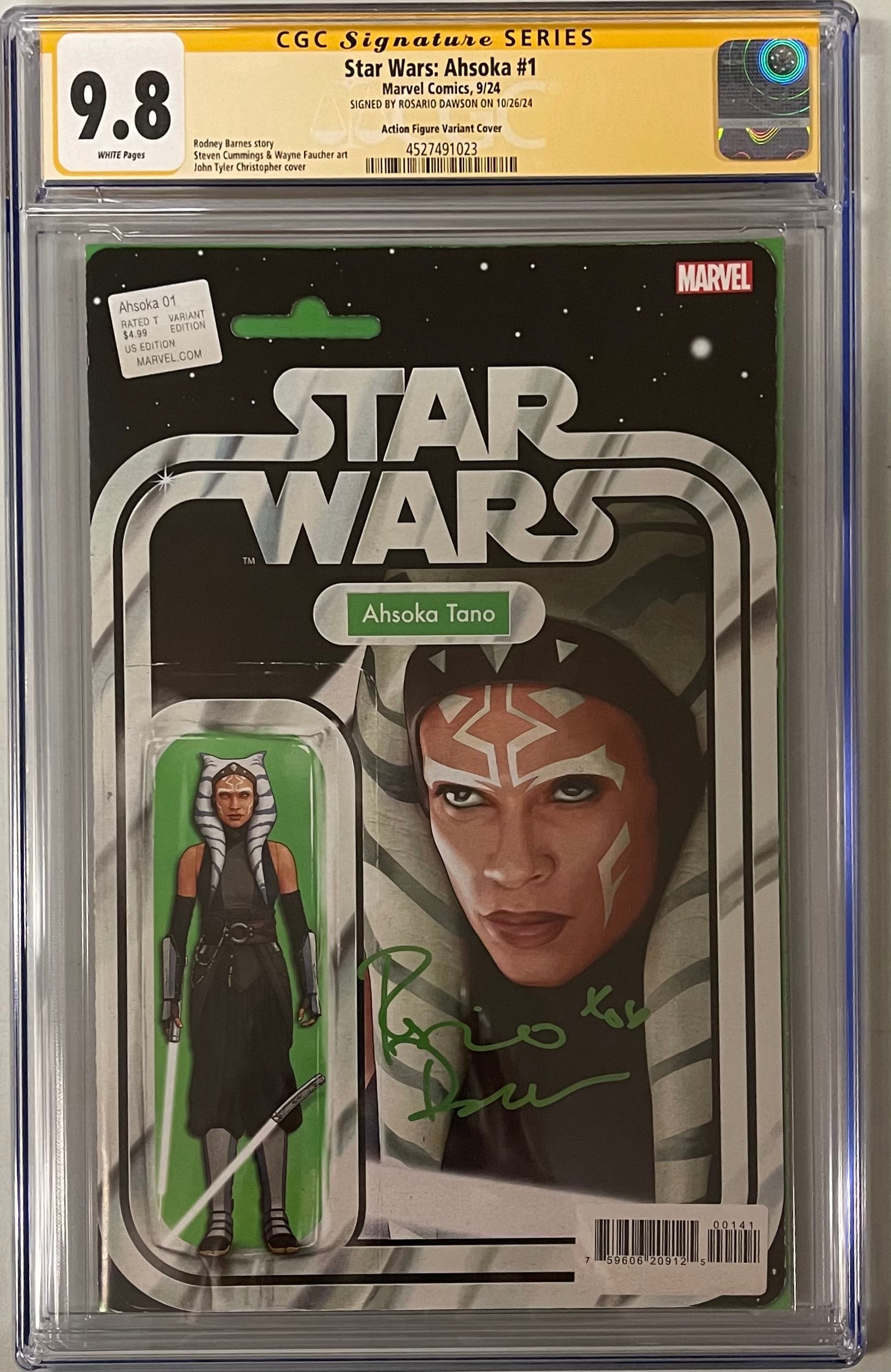 STAR WARS: AHSOKA #1 JOHN TYLER CHRISTOPHER ACTION FIGURE VARIANT SIGNED BY ROSARIO DAWSON CGC 9.8 (IN STOCK C59)