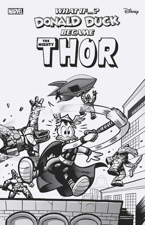 MARVEL & DISNEY: WHAT IF...? DONALD DUCK BECAME THOR #1 LORENZO PASTROVICCHIO BLACK AND WHITE VARIANT[1:100] STOCK DATE: 09-04-24