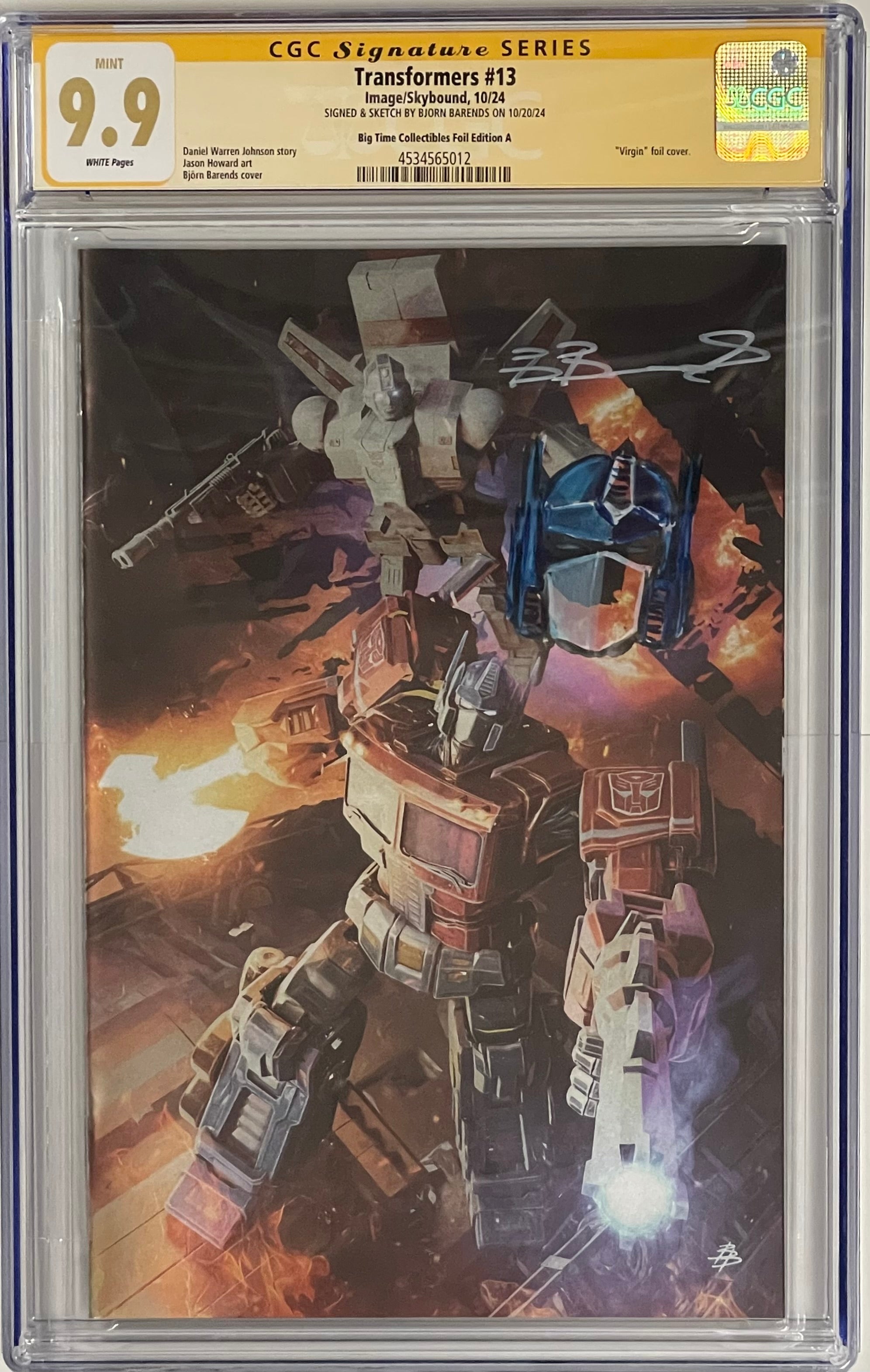 TRANSFORMERS #13 BJORN BARENDS FOIL EDITION SIGNED WITH OPTIMUS PRIME COLORED SKETCH BY BJORN BARENDS CGC 9.9 MINT (C61)