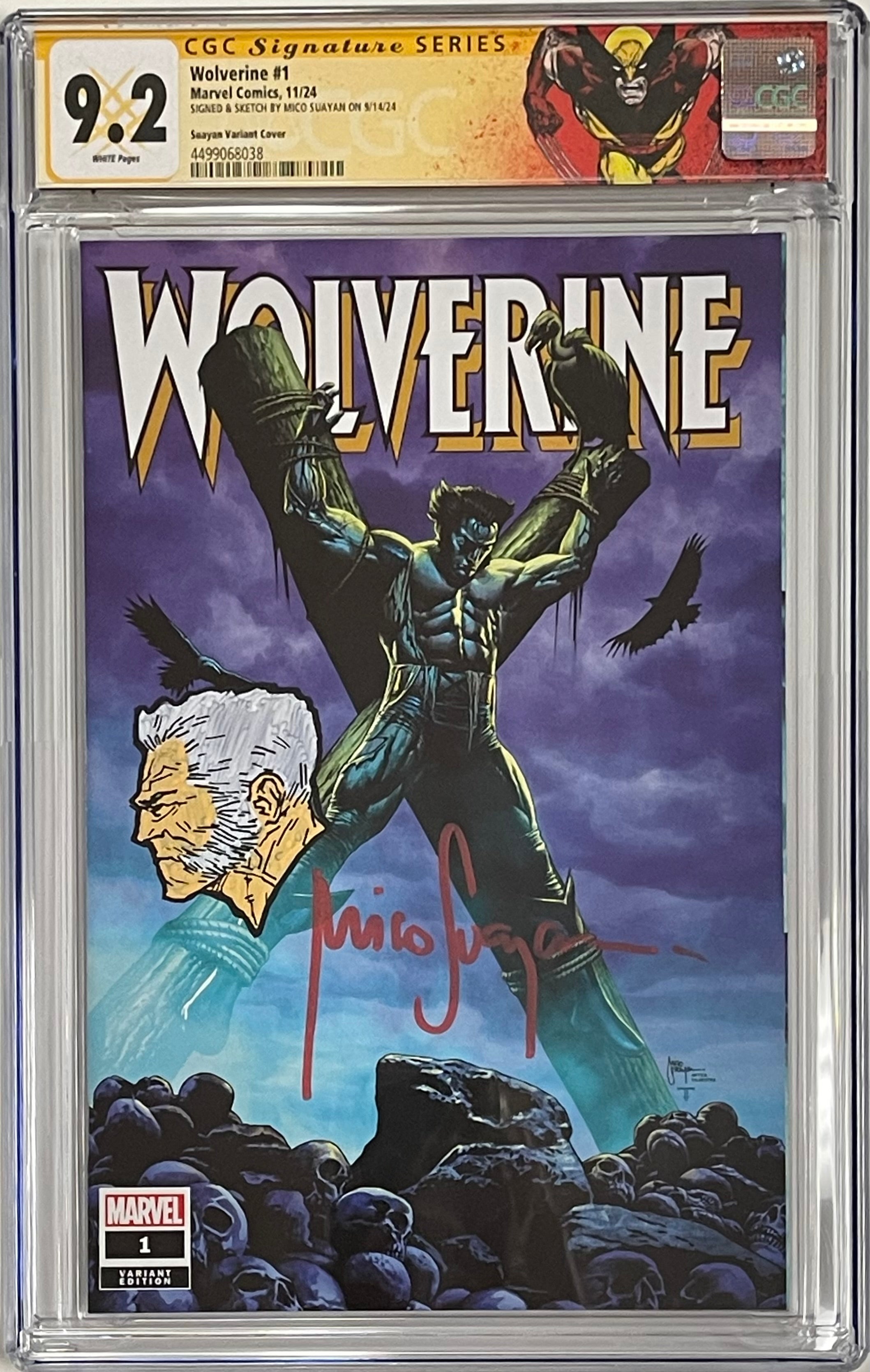 WOLVERINE #1 MICO SUAYAN EXCLUSIVE SIGNED W/COLORED OLDMAN LOGAN SKETCH BY MICO SUAYAN CGC 9.2 W/WOLVERINE CUSTOM LABEL(C73)