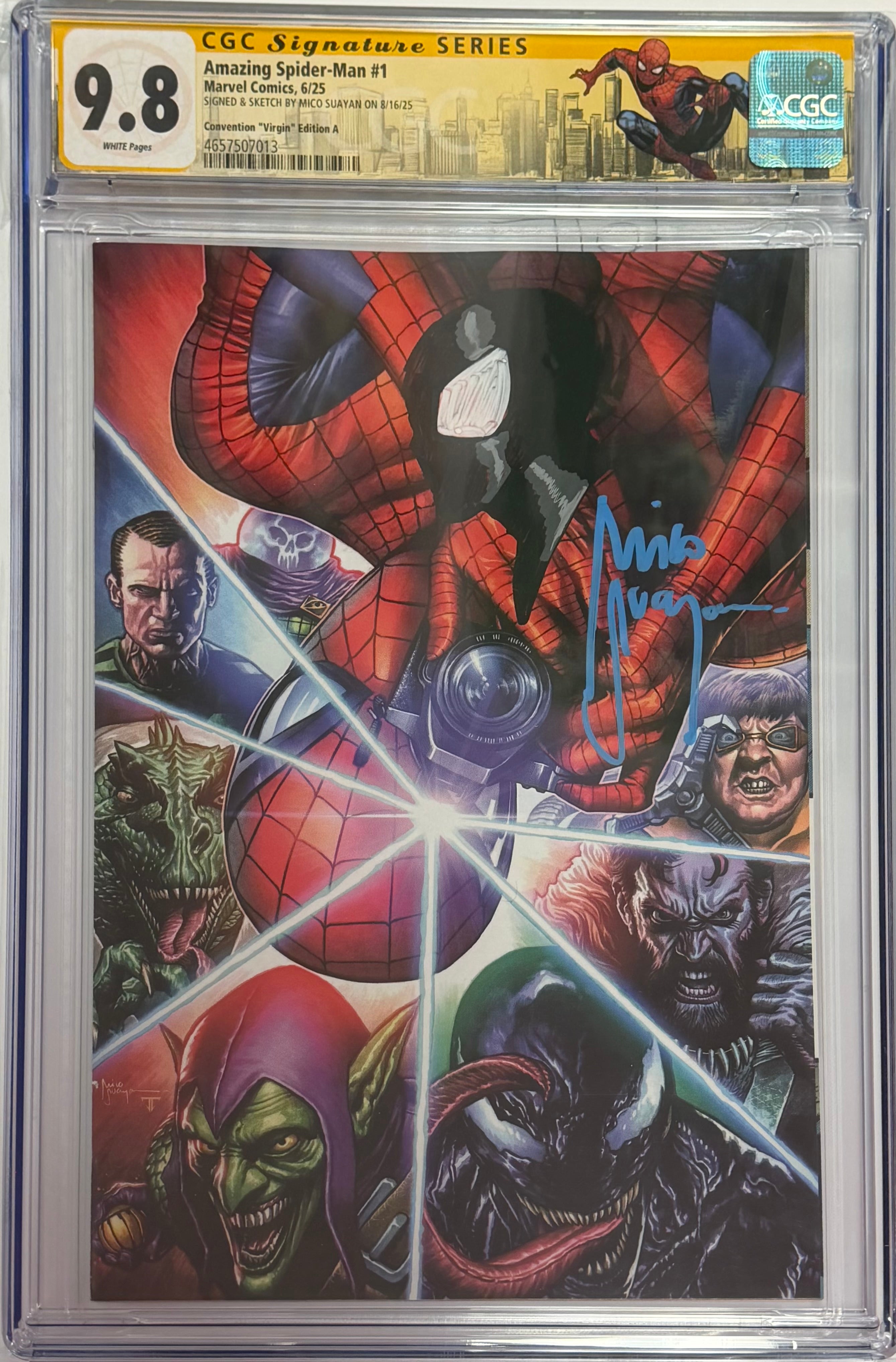 AMAZING SPIDER-MAN #1 SIGNED W/BLACK COSTUME SPIDEY SKETCH BY MICO SUAYAN CGC 9.8 W/SPIDER-MAN NYC CUSTOM LABEL (IN STOCK) C59