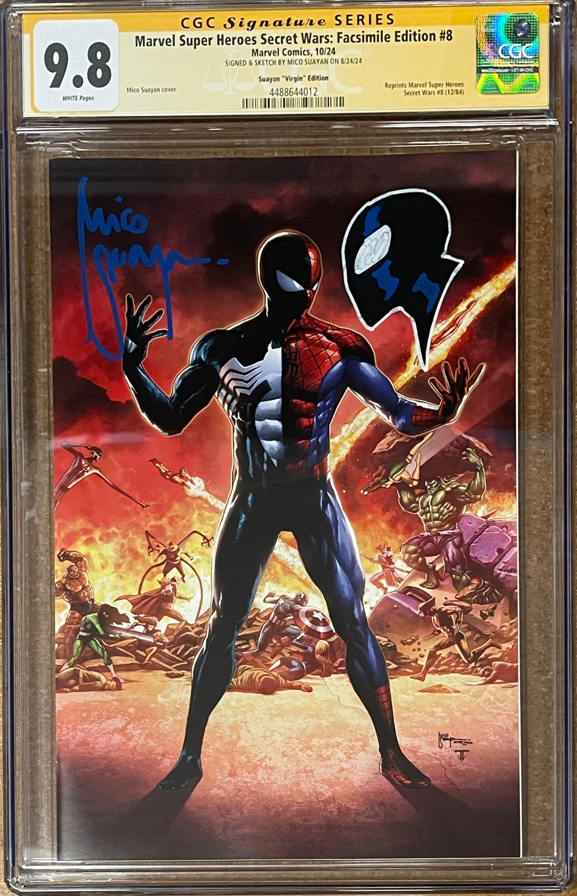 MARVEL SUPER HEROES SECRET WARS #8 FACSIMILE EDITION MICO SUAYAN EXCLUSIVE VIRGIN VARIANT SIGNED W/COLORED SPIDER-MAN SKETCH BY MICO SUAYAN CGC 9.8 (IN STOCK) C90