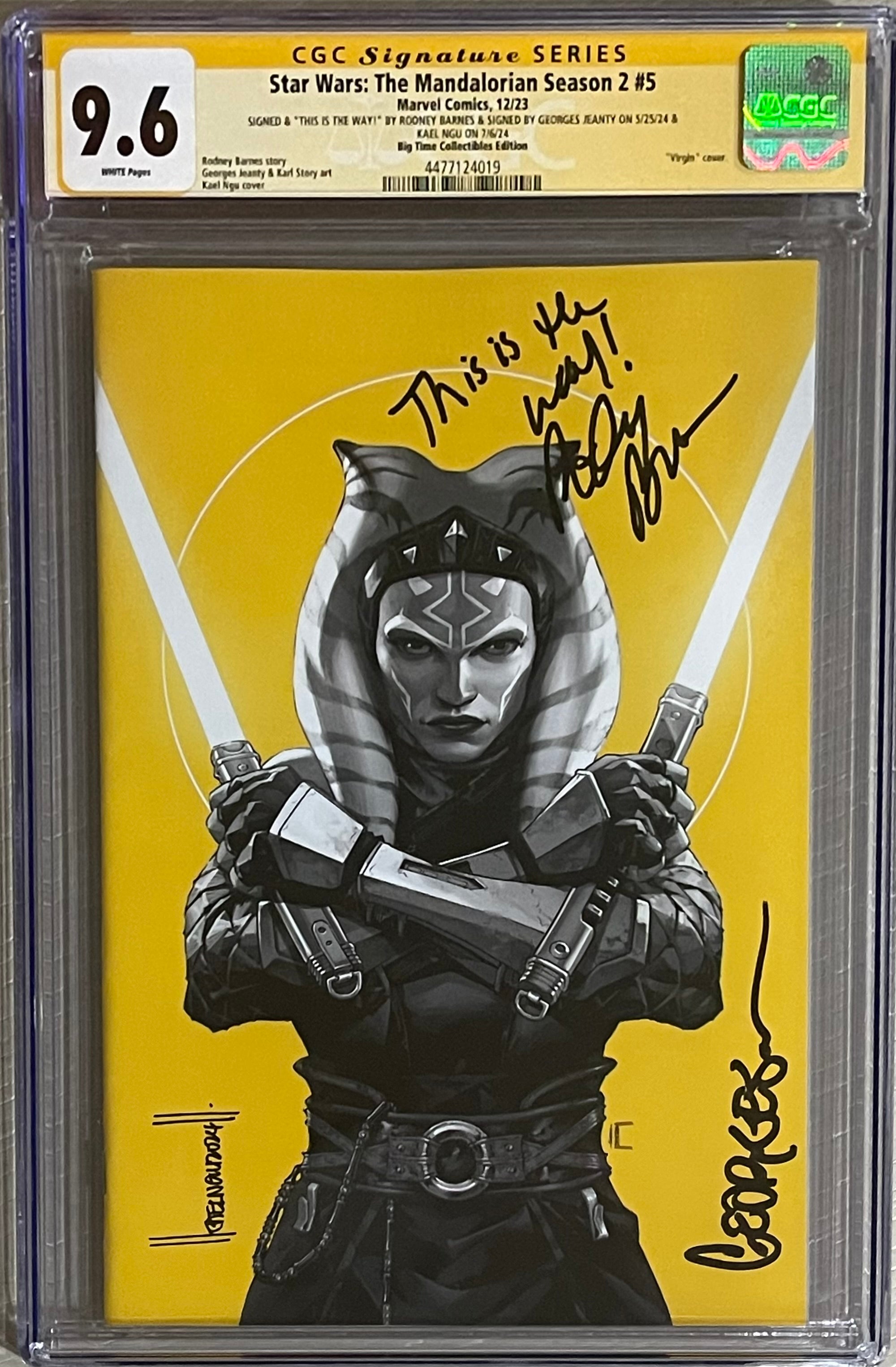 STAR WARS THE MANDALORIAN SEASON 2 #5 BTC GOLD MEMBERSHIP VARIANT SIGNED BY GEORGES JEANTY, KAEL NGU & SIGNED & INSCRIBED "THIS IS THE WAY!" BY RODNEY BARNES CGC 9.6 (IN STOCK) C87