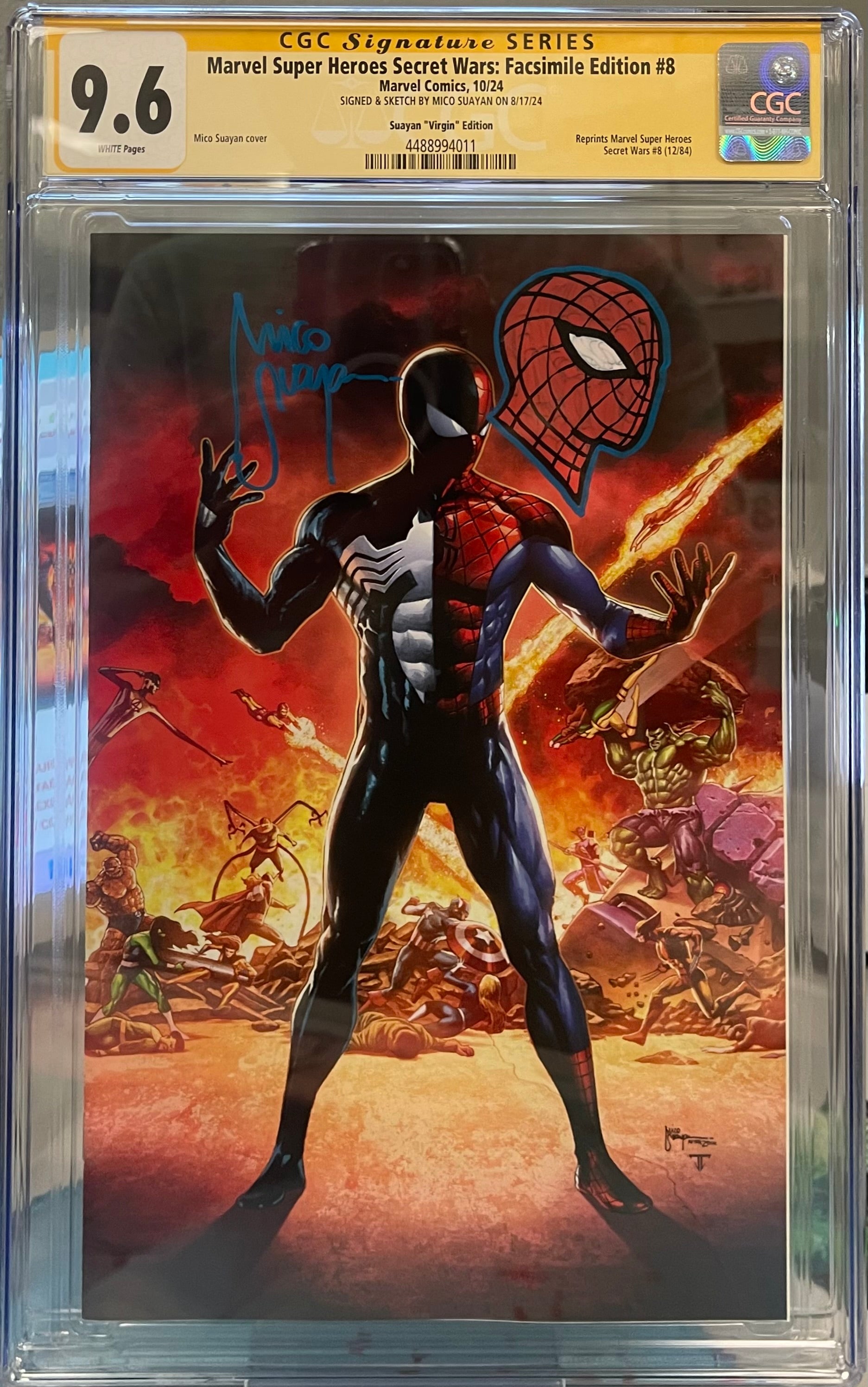 MARVEL SUPER HEROES SECRET WARS #8 MICO SUAYAN EXCLUSIVE VIRGIN VARIANT SIGNED W/COLORED SPIDER-MAN SKETCH BY MICO SUAYAN CGC 9.6 (C79)