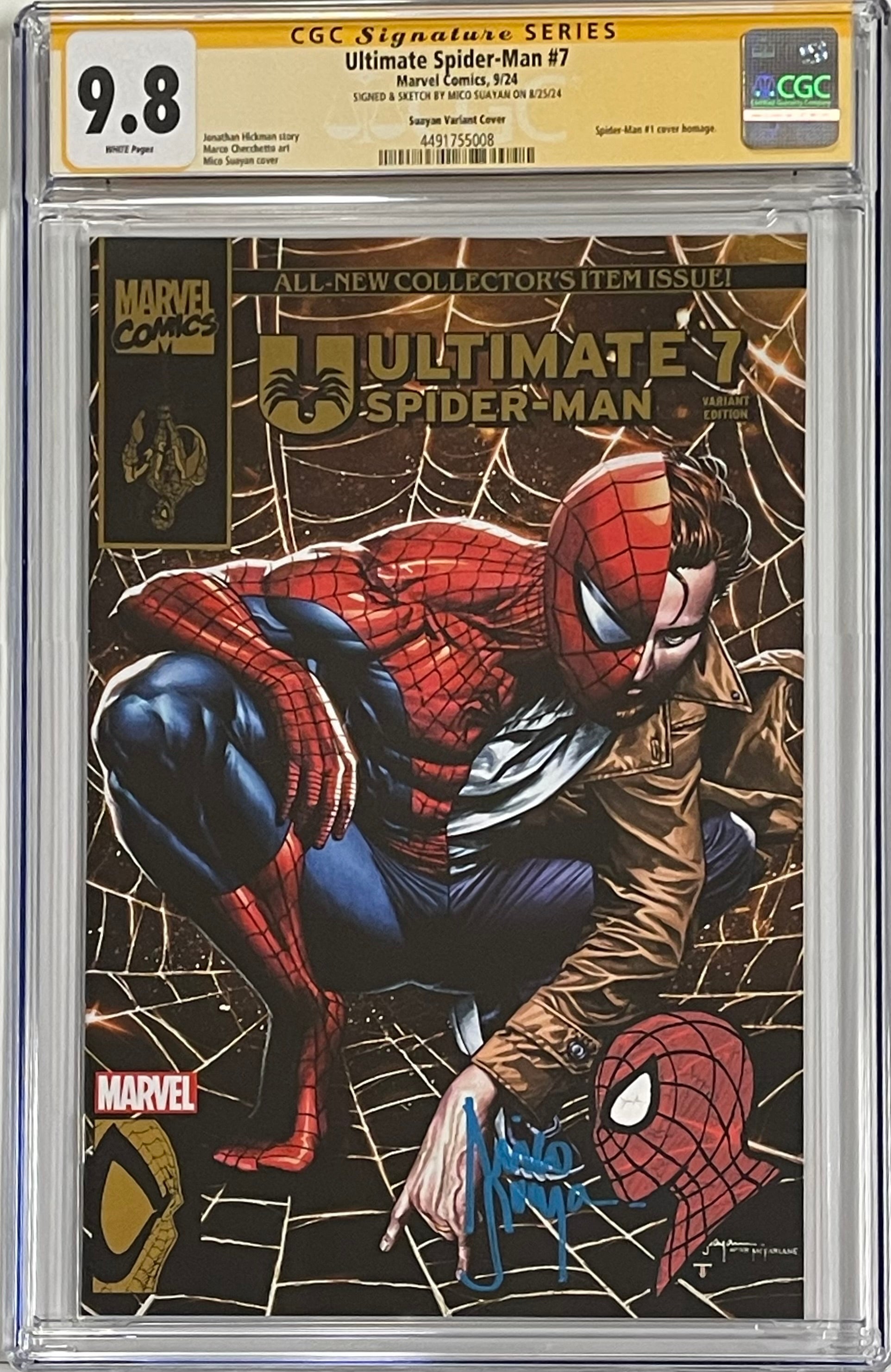 ULTIMATE SPIDER-MAN #7 MICO SUAYAN EXCLUSIVE VARIANT SIGNED W/COLORED SPIDER-MAN SKETCH BY MICO SUAYAN CGC 9.8 (C77)