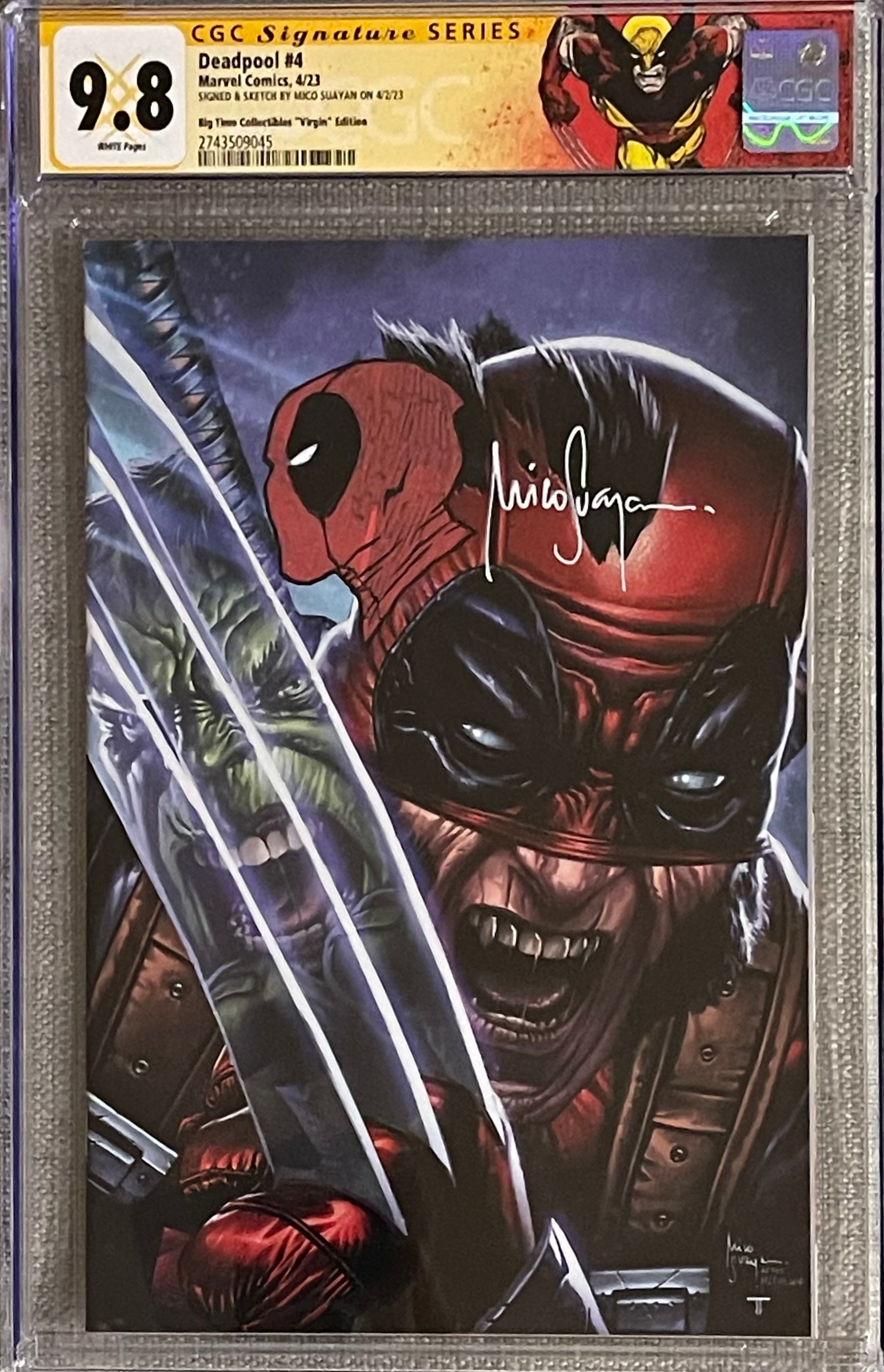 DEADPOOL #4 MICO SUAYAN EXCLUSIVE VIRGIN VARIANT SIGNED W/DEADPOOL COLORED SKETCH BY MICO SUAYAN CGC 9.8 W/WOLVERINE CUSTOM LABEL (C108)