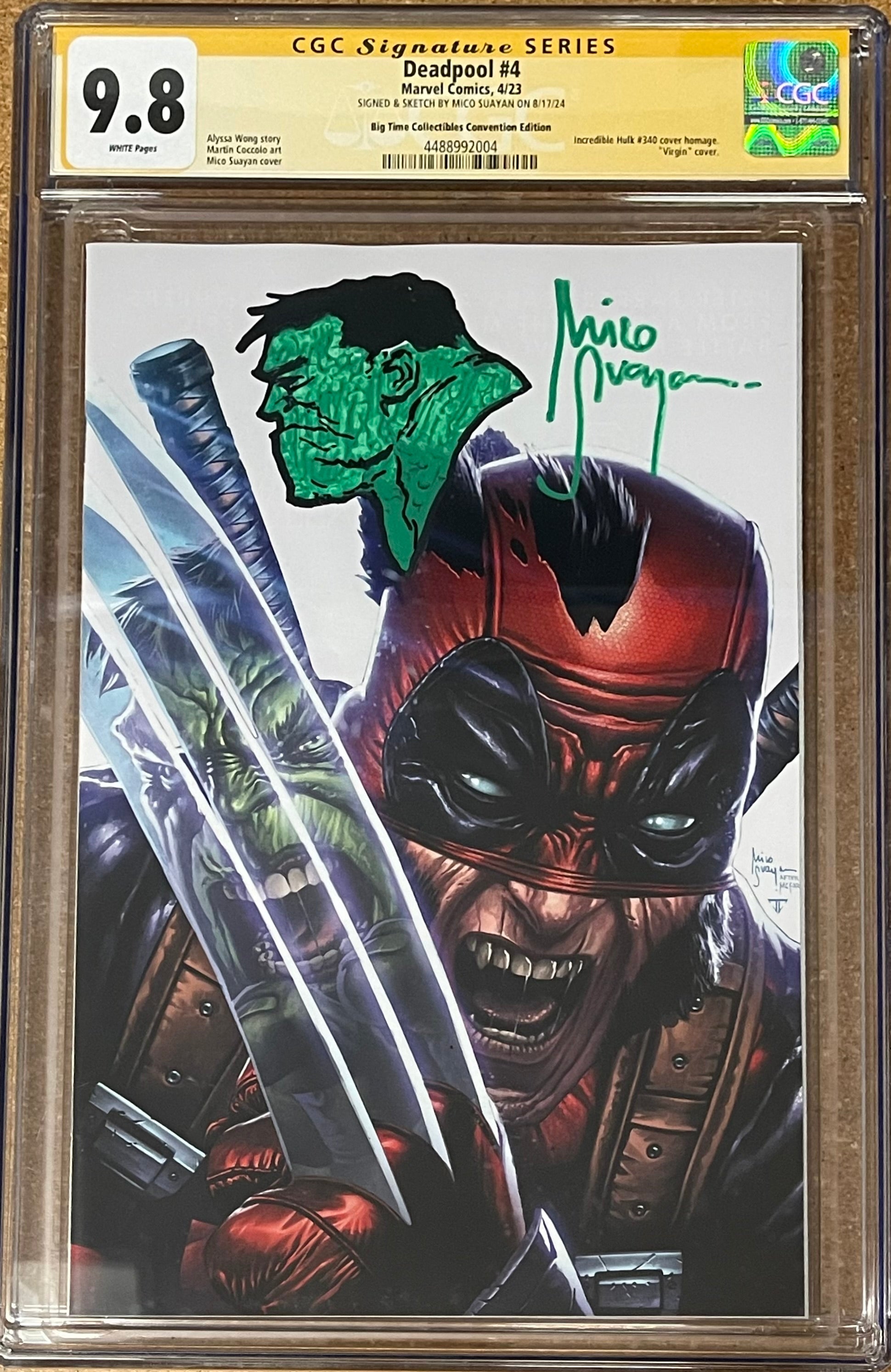 DEADPOOL #4 MICO SUAYAN EXCLUSIVE VIRGIN VARIANT SIGNED W/COLORED HULK SKETCH BY MICO SUAYAN CGC 9.8 (IN STOCK) C91